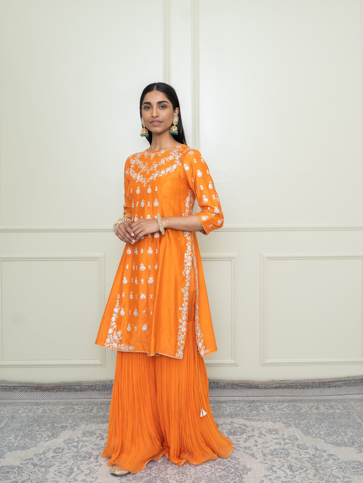 Pumpkin Orange Embroidered A-Line Kurta Set with Garara