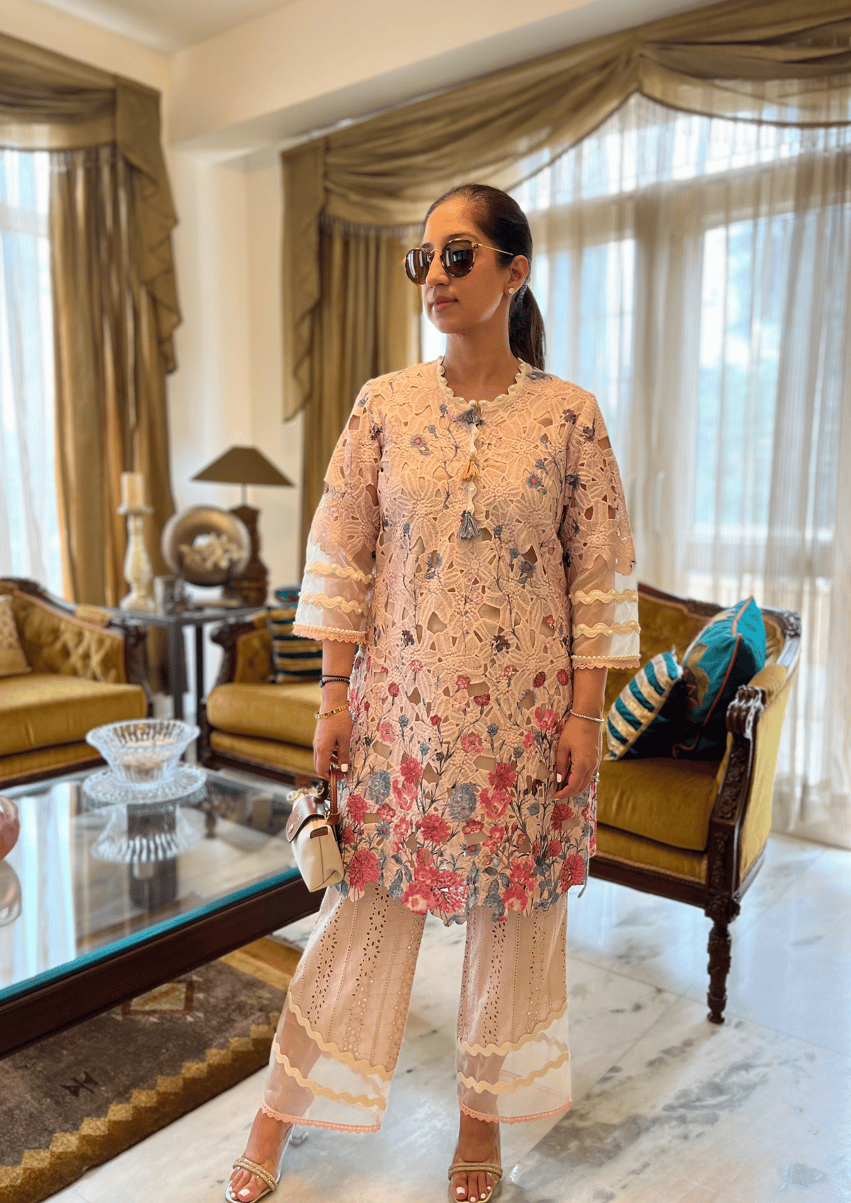 Beige Floral Cutwork Kurta Set with Straight Pants