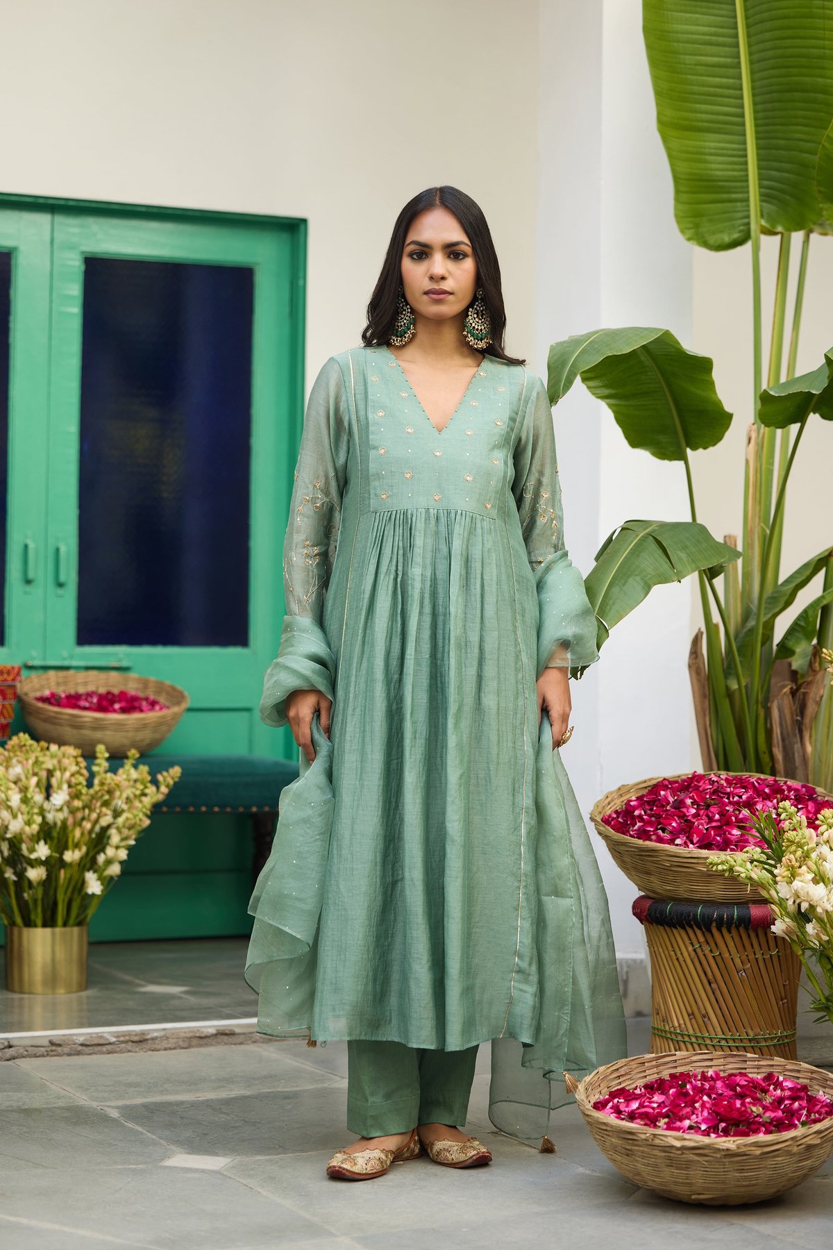 Sage Green Silk Chanderi Embroidered Kurta Set