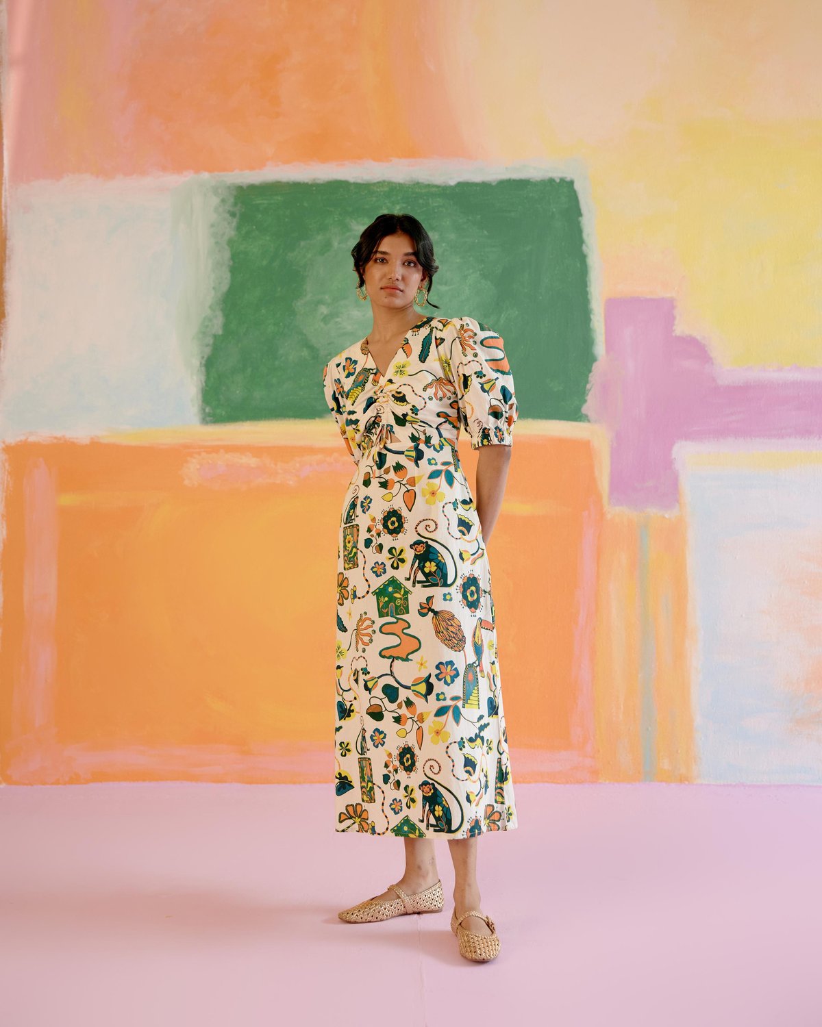 White Printed Poplin Midi Dress with Ruched Tie Bodice
