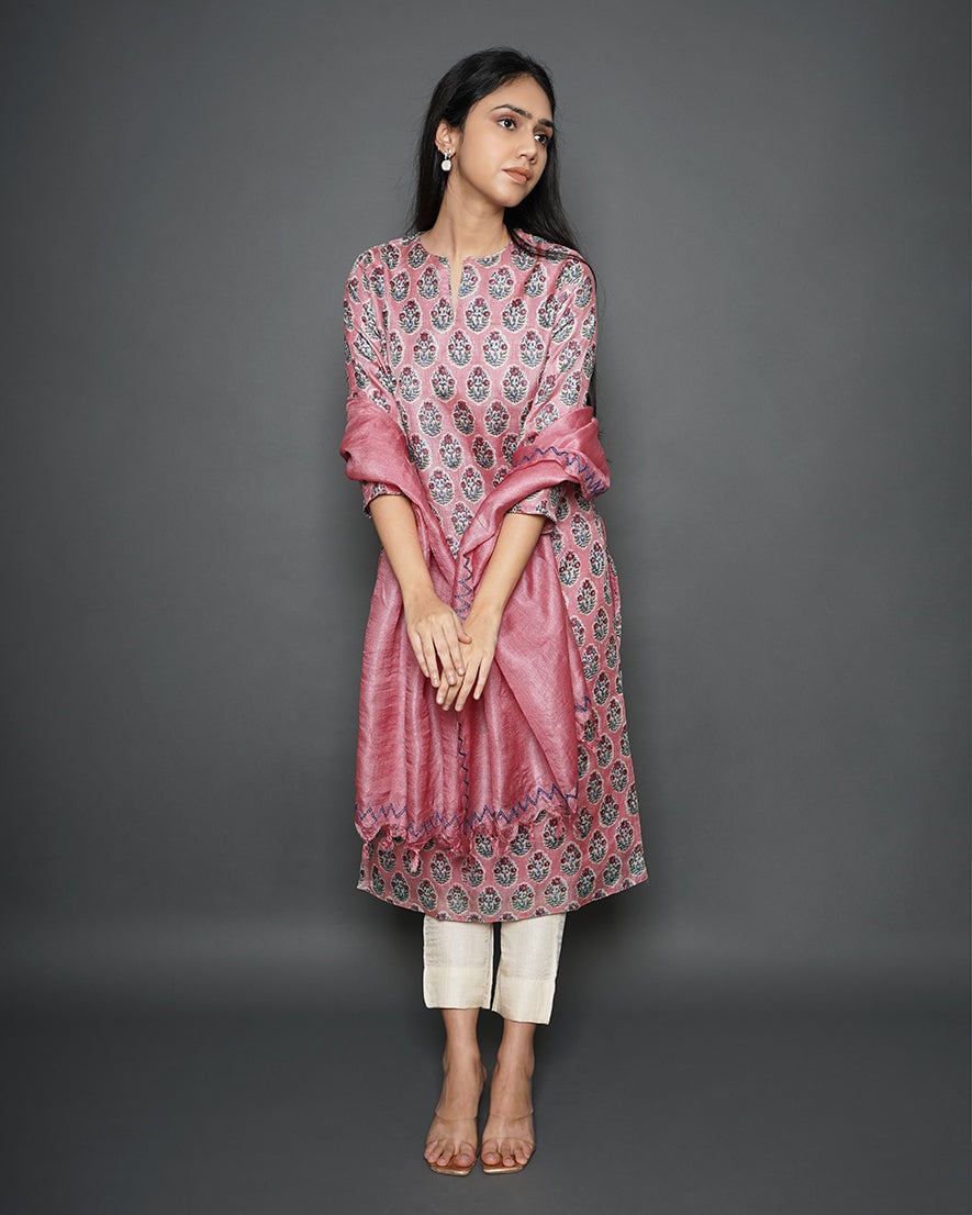 Floral Rouge Printed Tussar Silk Straight Kurta