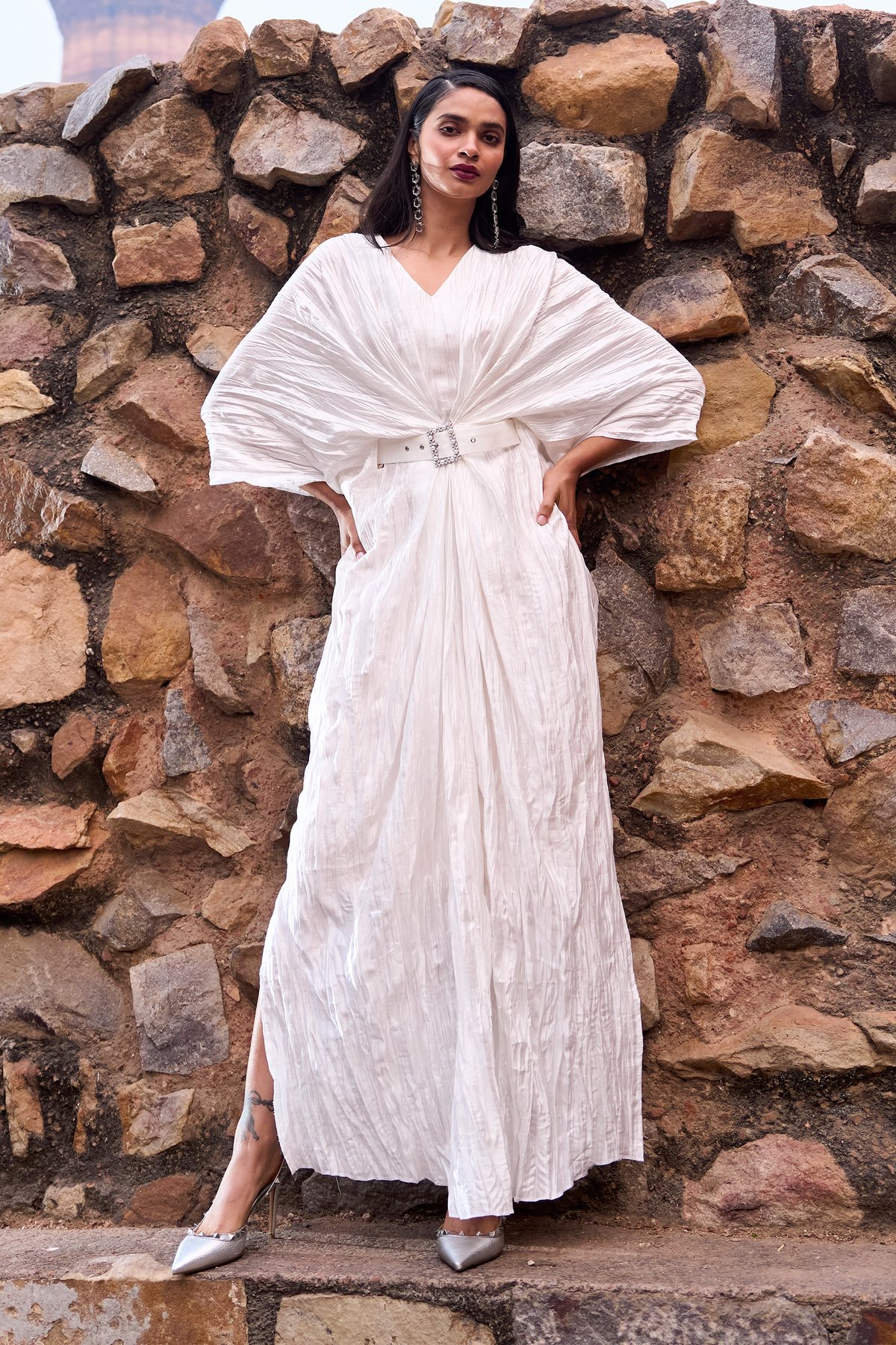 Ivory Crushed Satin Maxi Kaftan Dress with Belt
