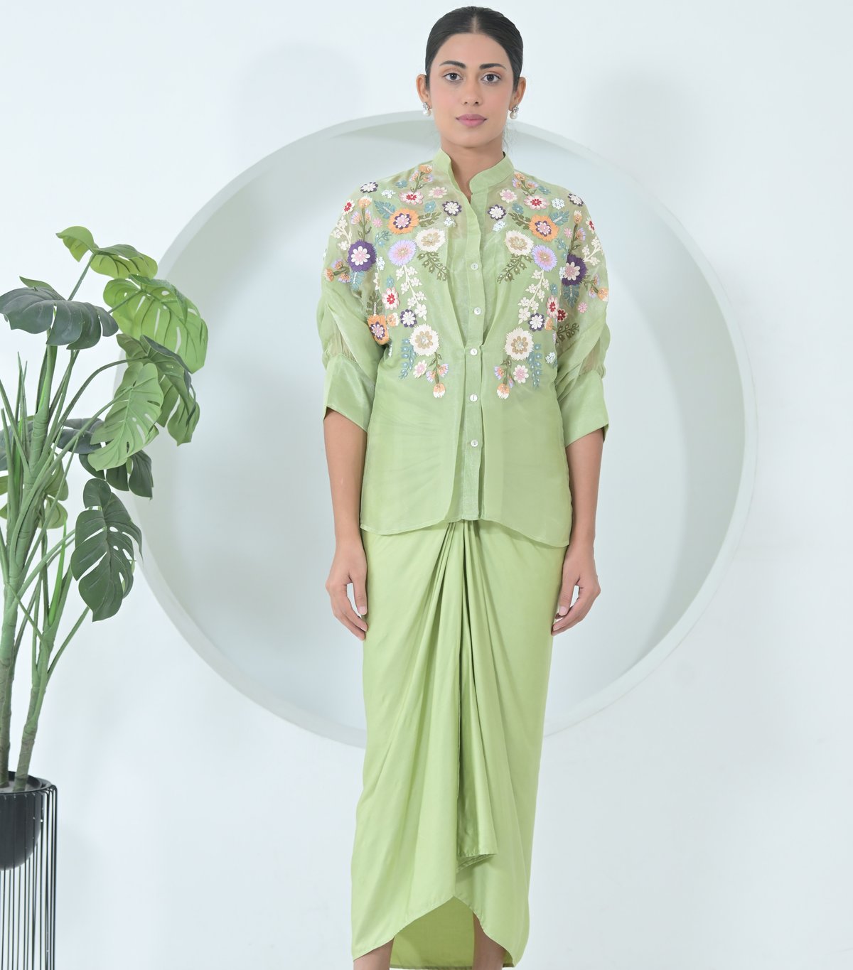 Lime Green Florium Shirt With Knot Skirt Set