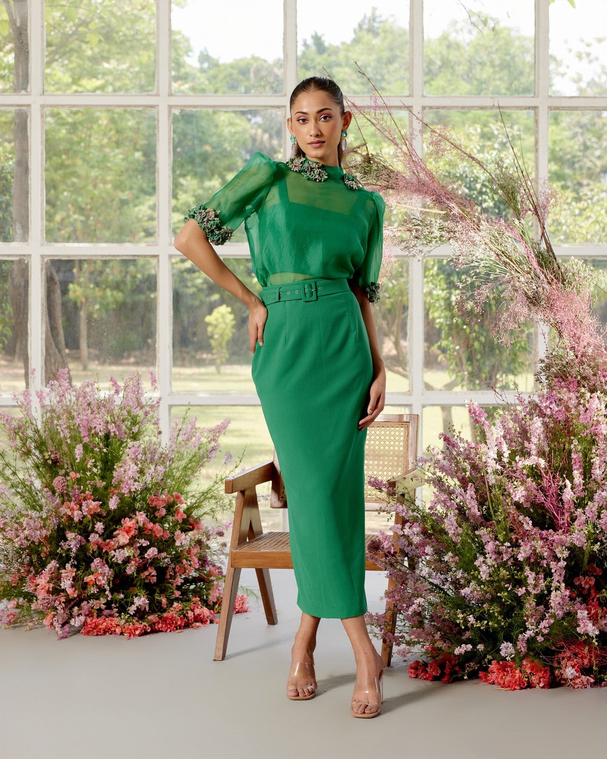 Jade Organza Top and Pencil Midi Skirt Co-ord Set