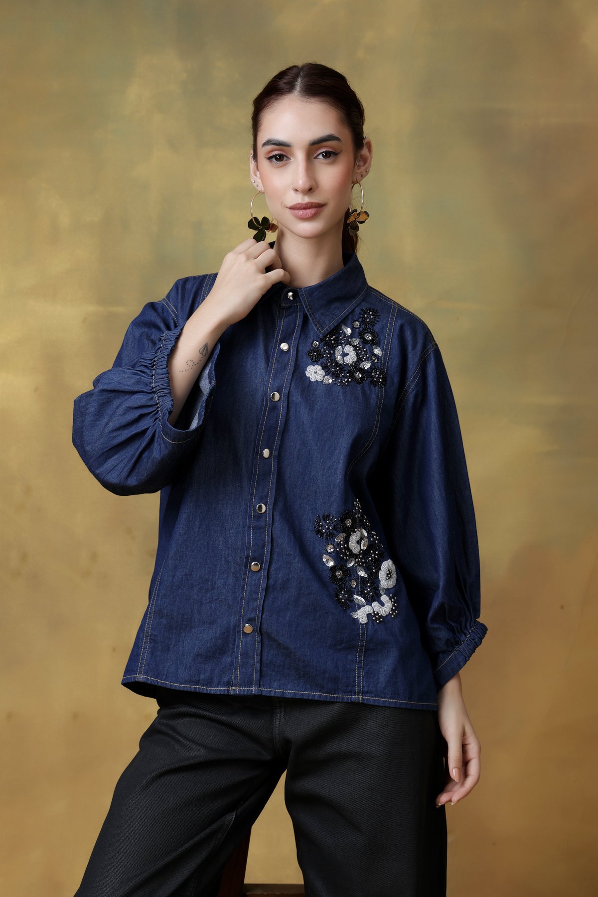 Dark Denim Oversized Shirt with Floral Embroidery