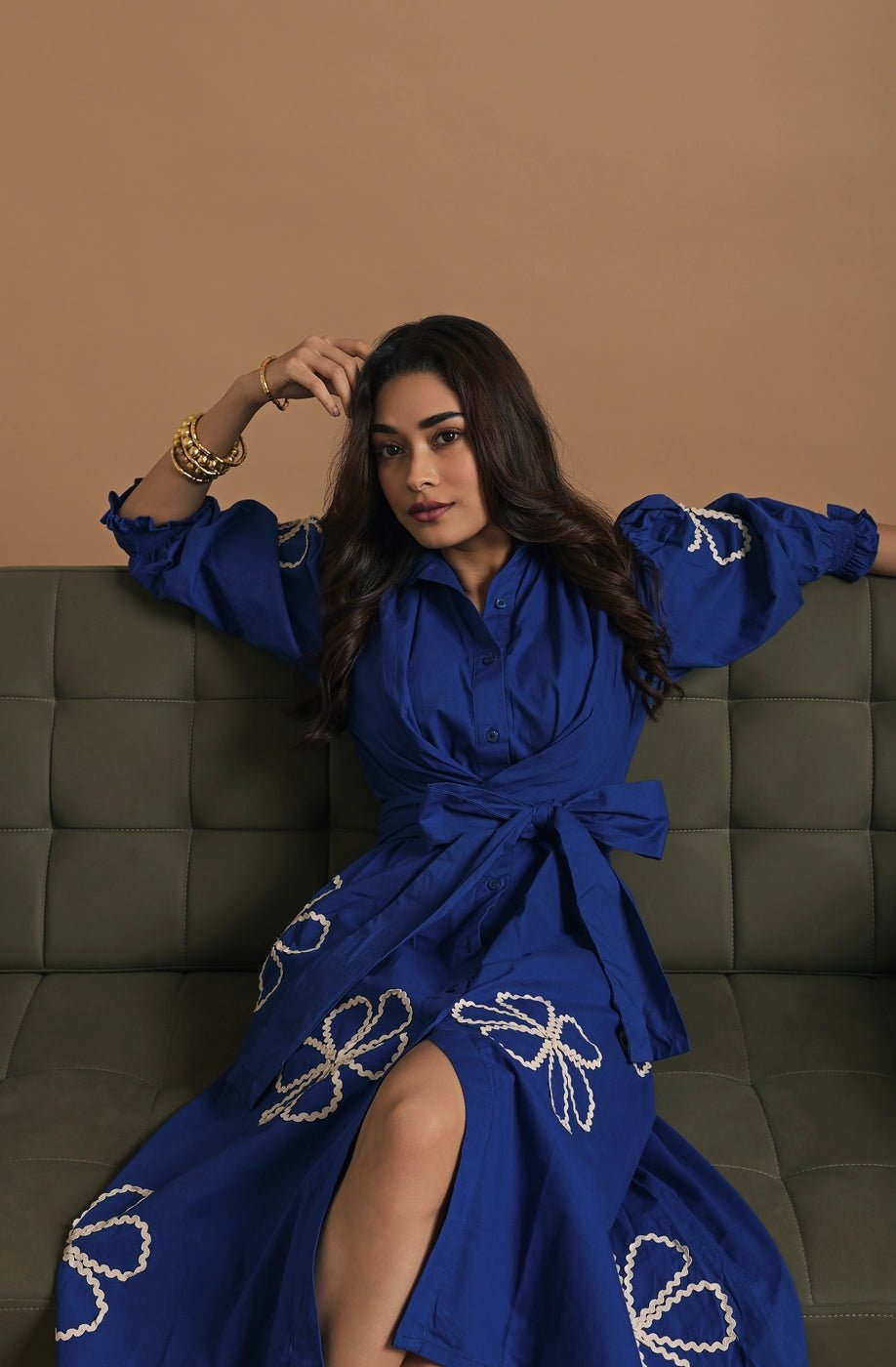 Royal Blue Appliqué Midi Shirt Dress with Tie Belt
