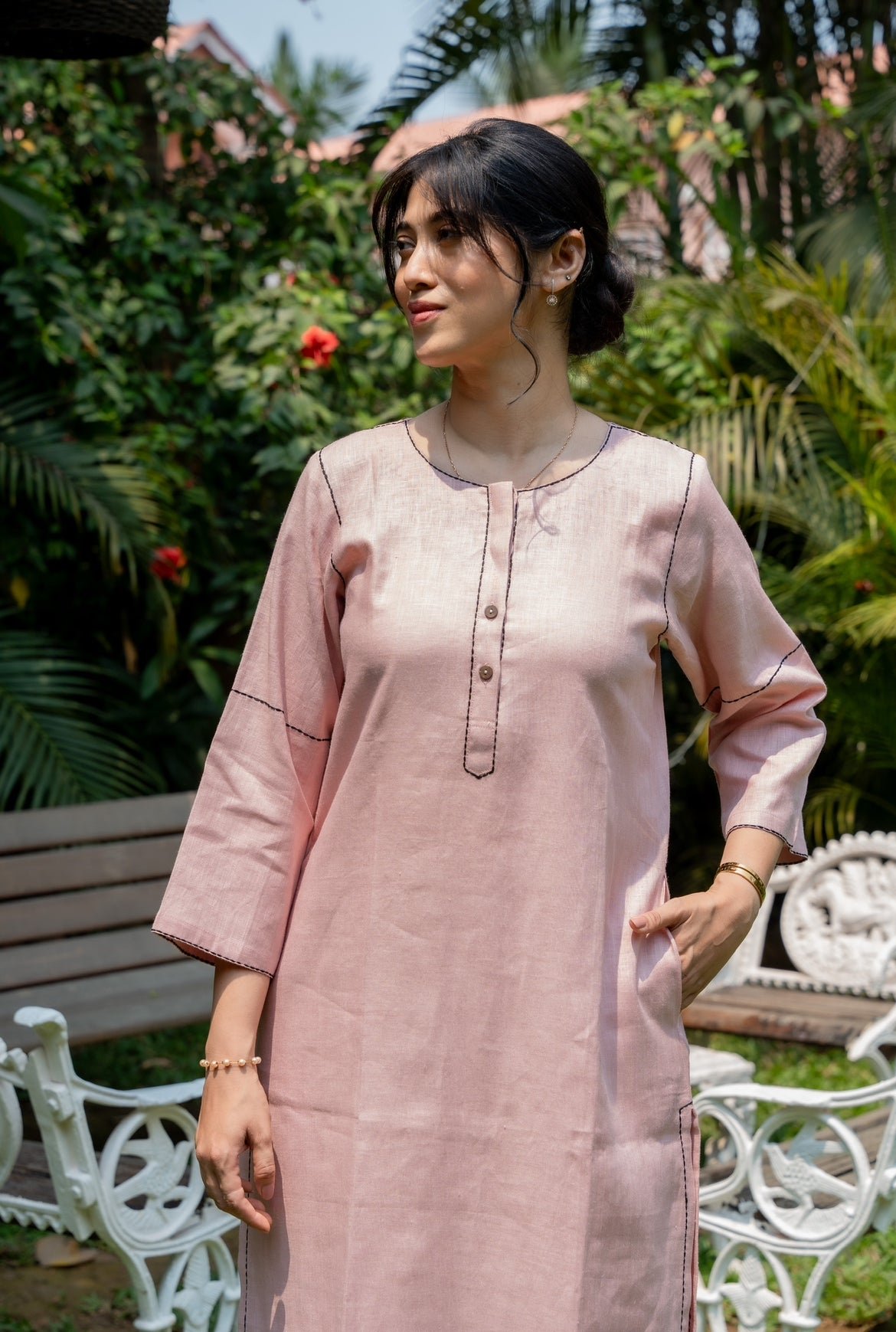 Dust Pink Linen Straight Kurta Set with Contrast Stitching