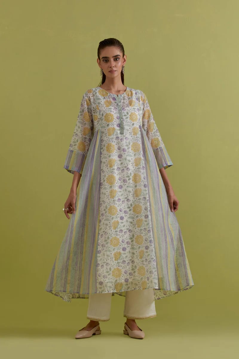 Off White Cotton Chanderi Floral Kurta