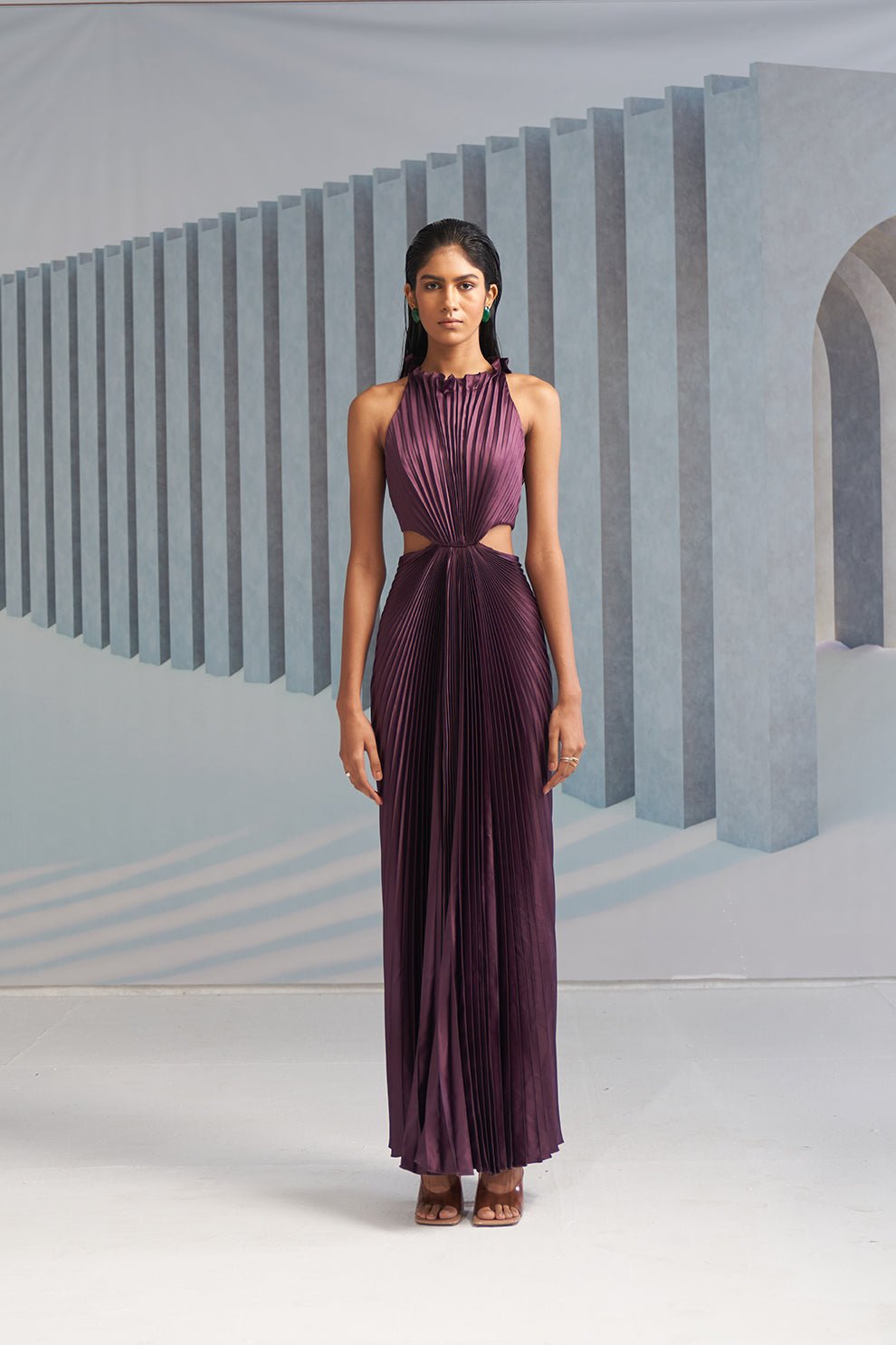 Purple Pleated Halter Maxi Gown with Waist Cut-Outs