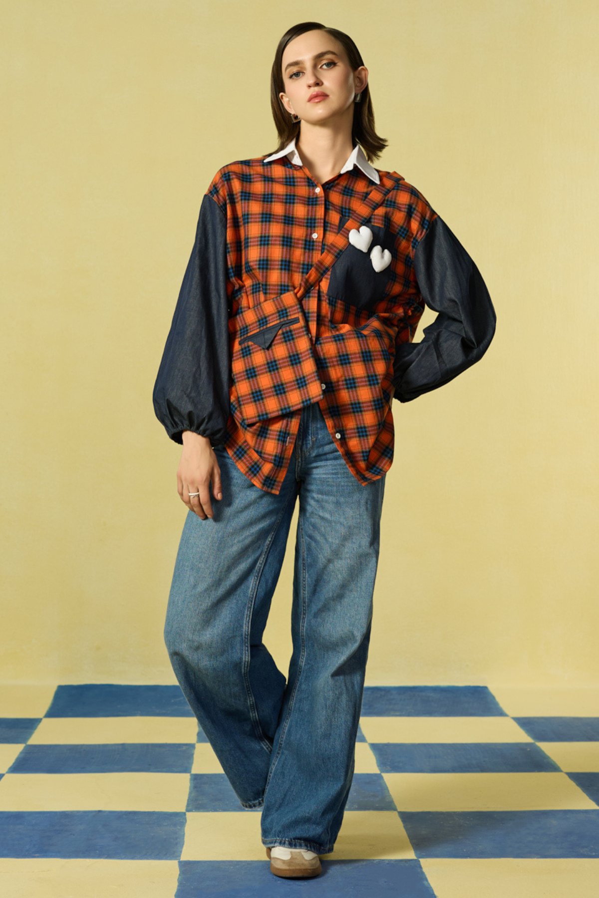 Red and Navy Checked Oversized Shirt with Side Drawstrings