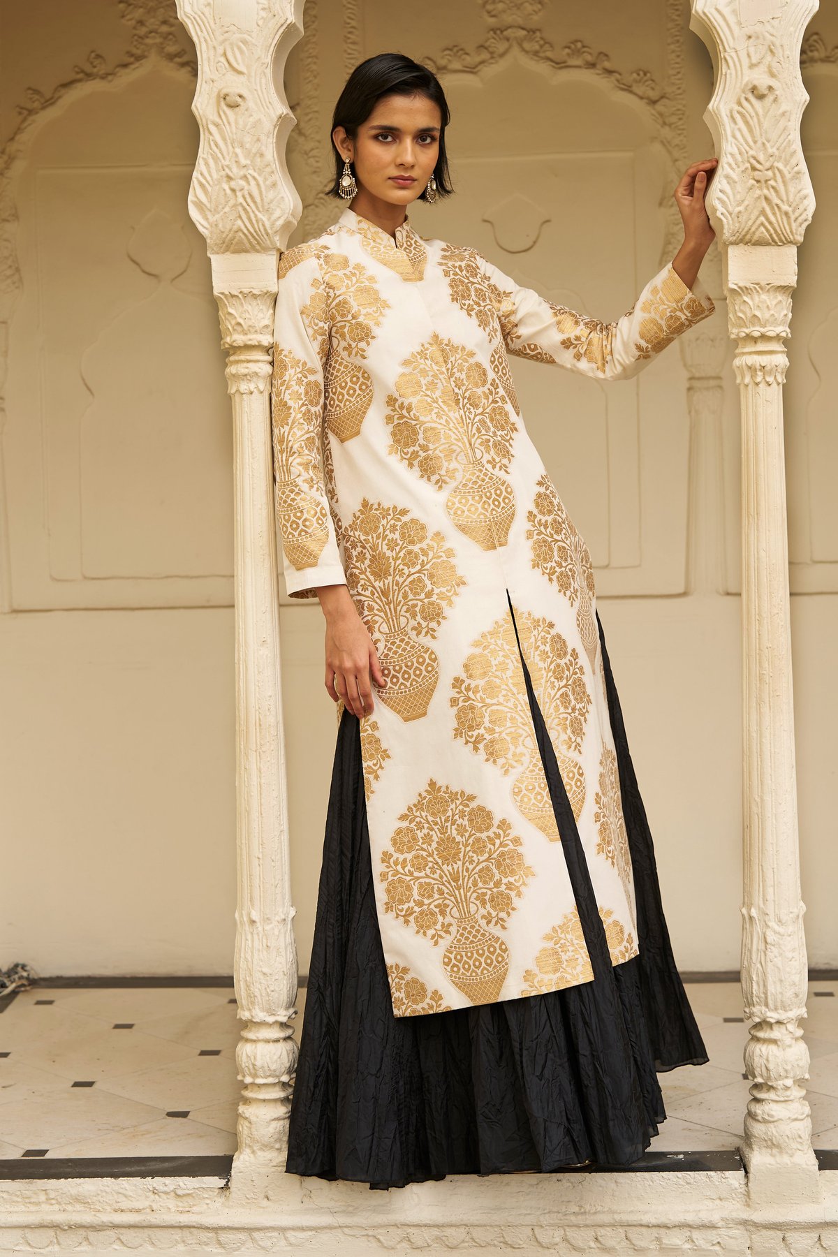 Ivory and Gold Longline Brocade Jacket