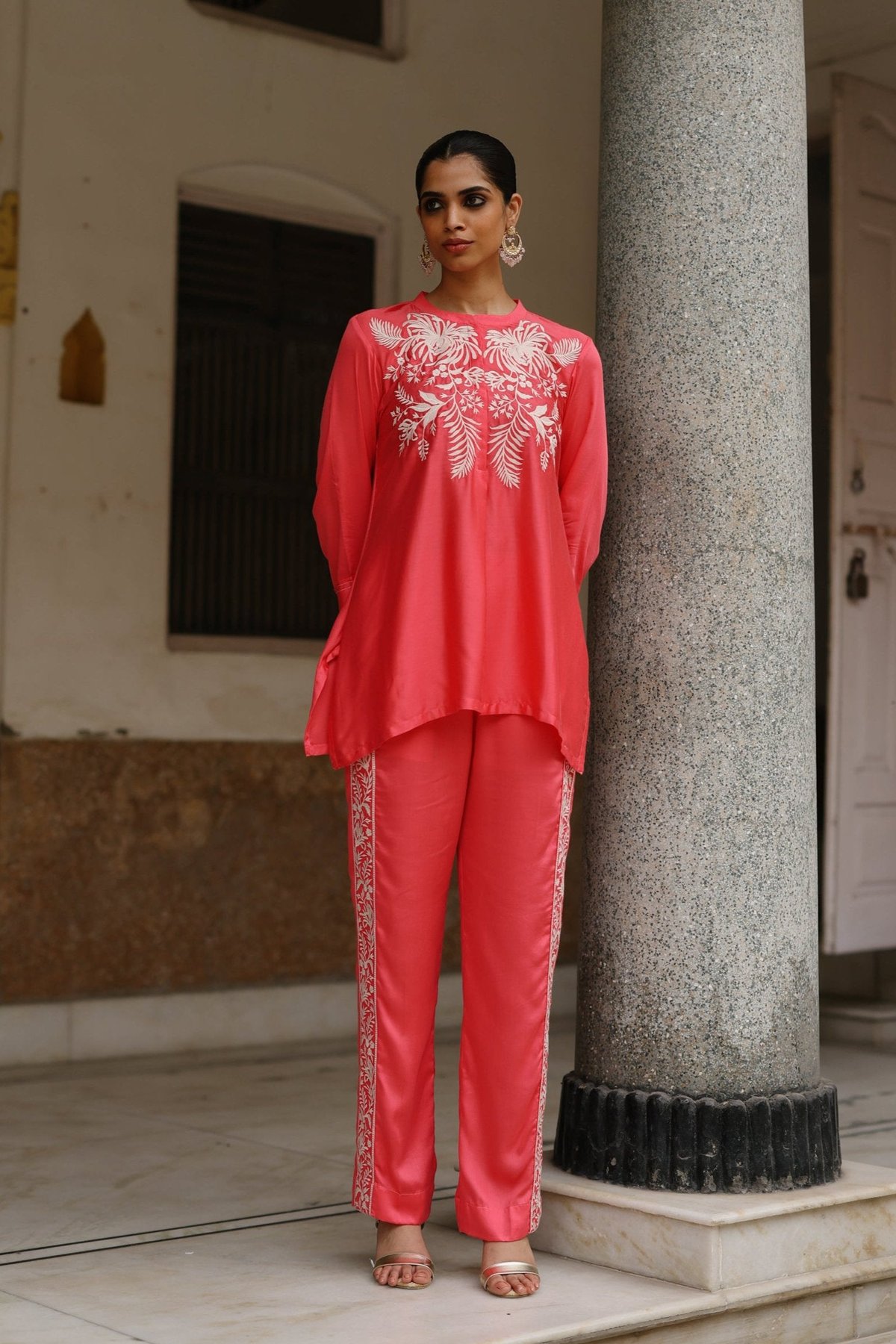 Punch Pink Modal Embroidered Tunic and Pant Co-ord Set