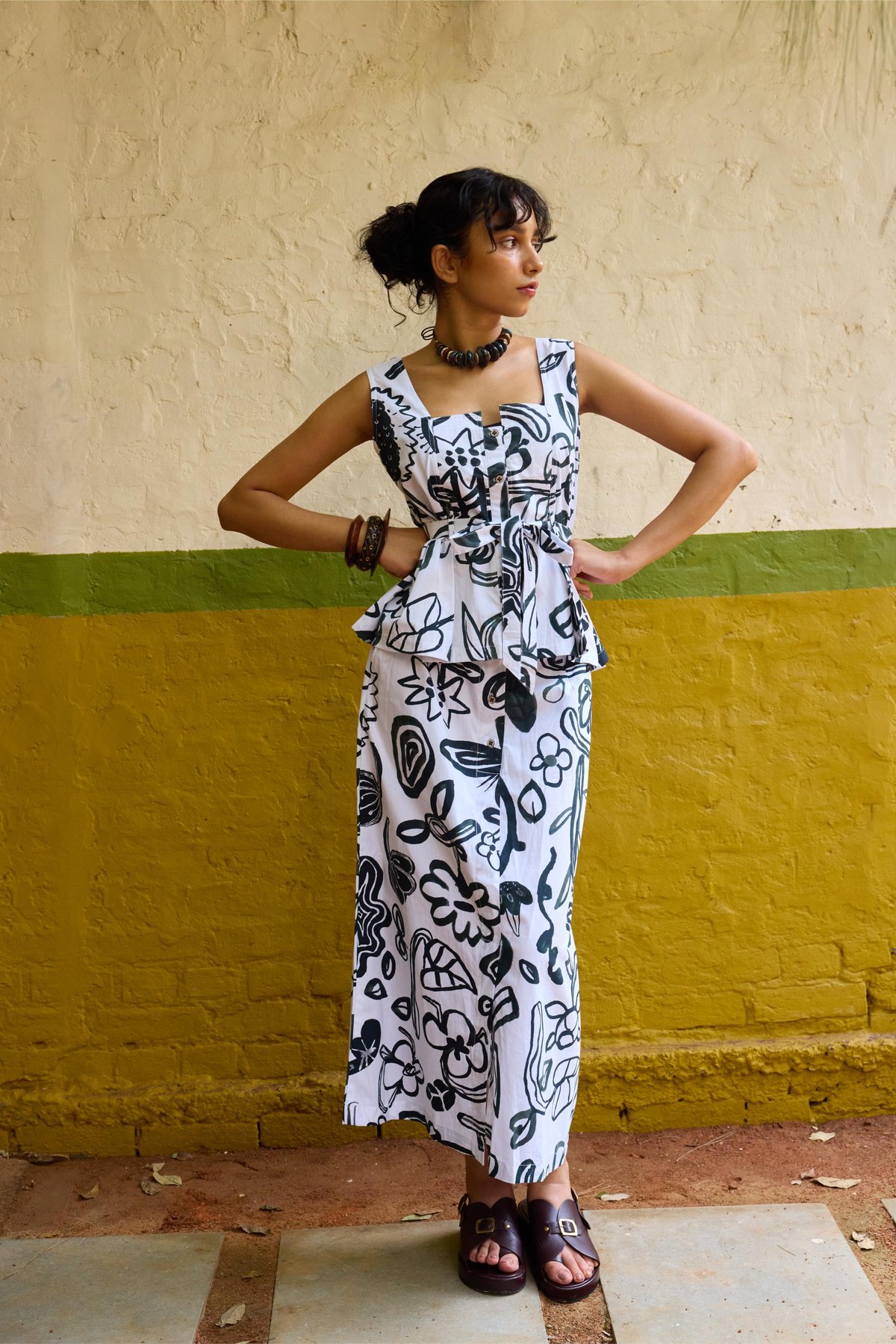 Black and White Printed Peplum Top and Midi Skirt Co-ord
