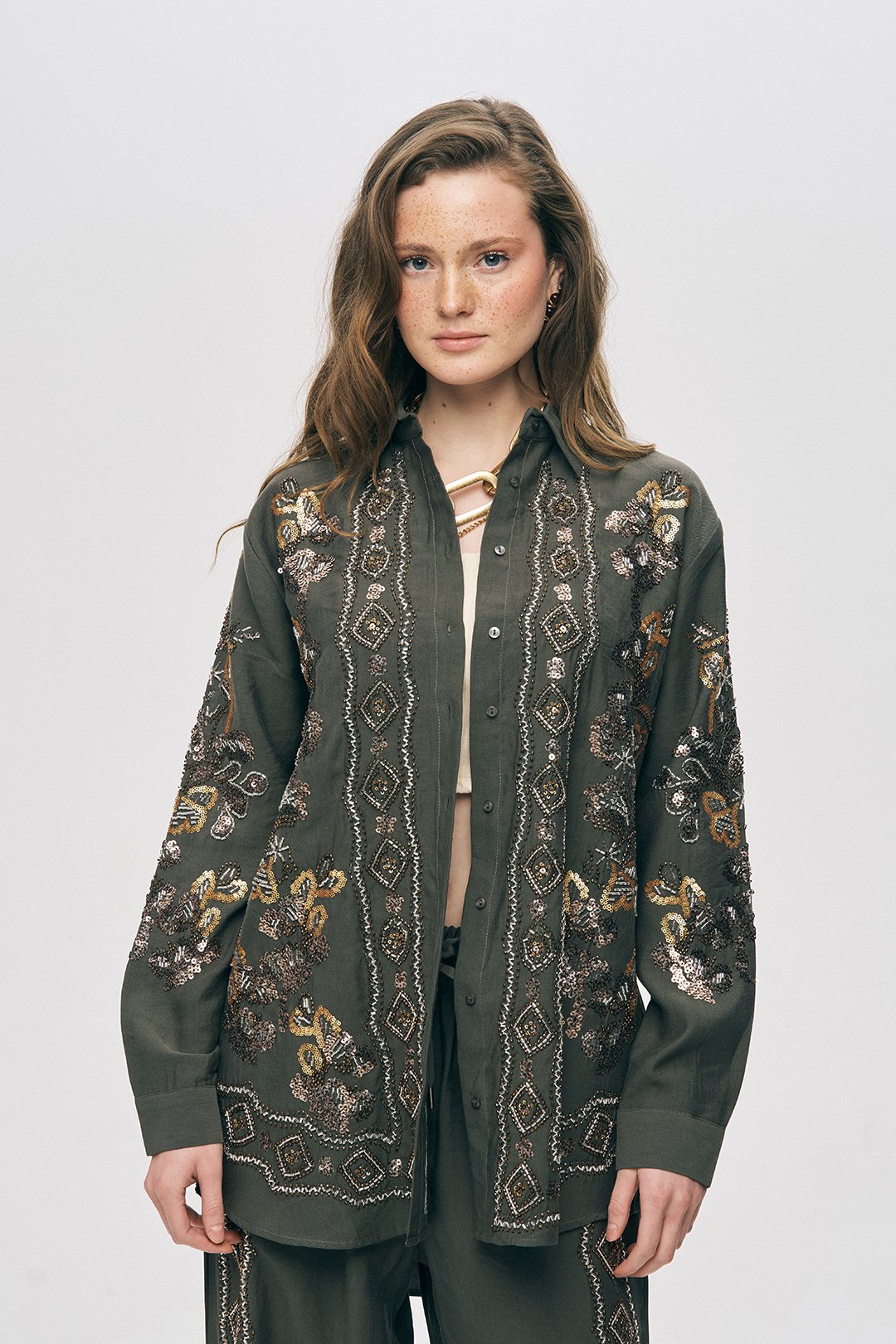 Olive Embellished Longline Button-Down Shirt