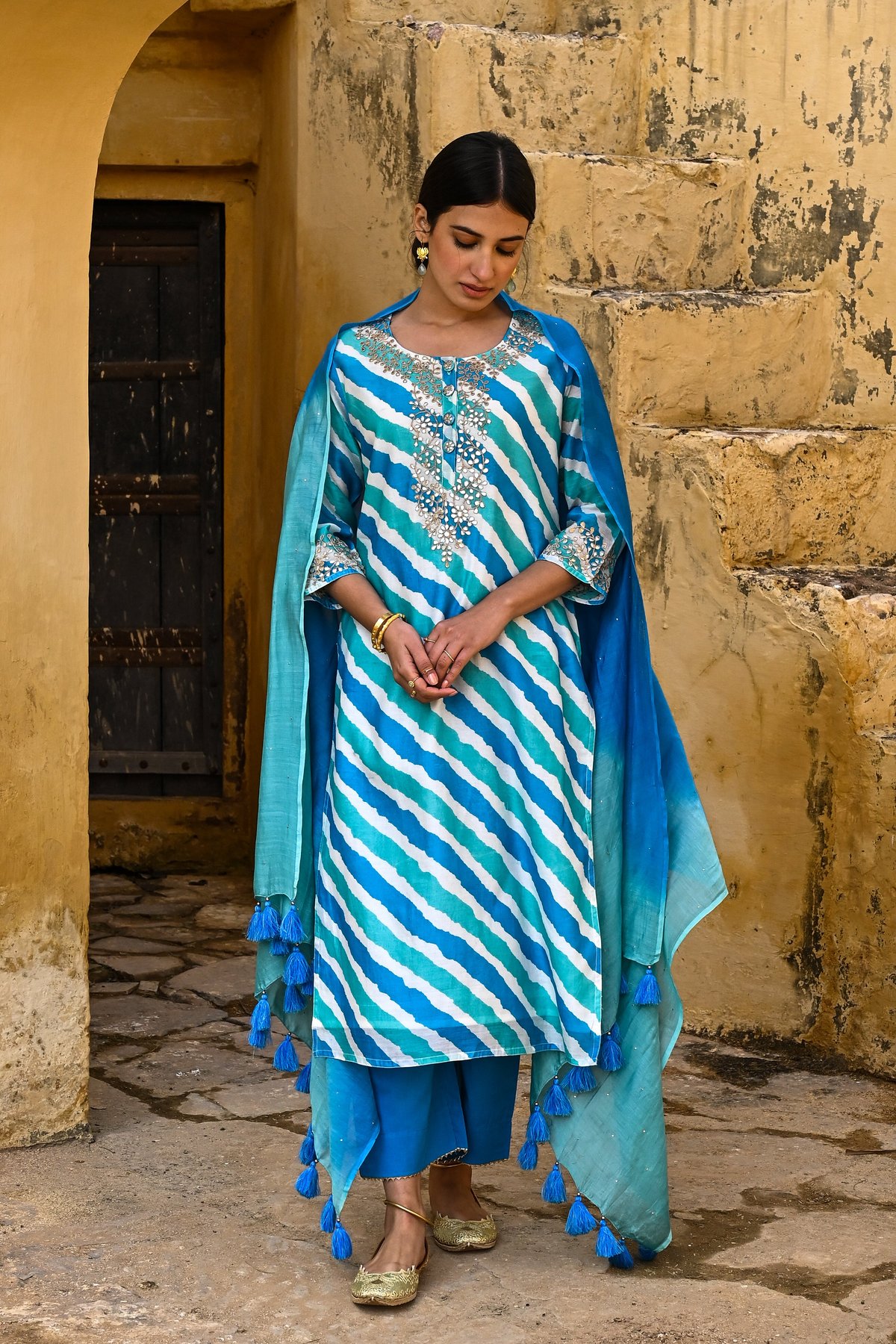 Blue Salvia Leheriya Print Gota Work Chanderi