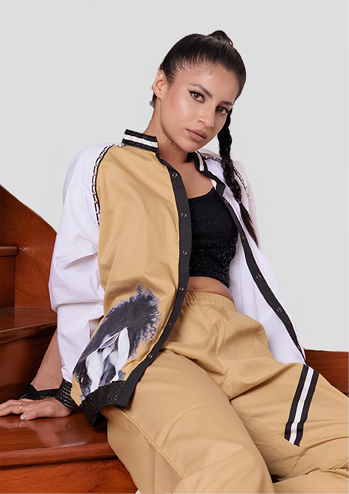 Beige Bomber Jacket with Contrast Sleeves
