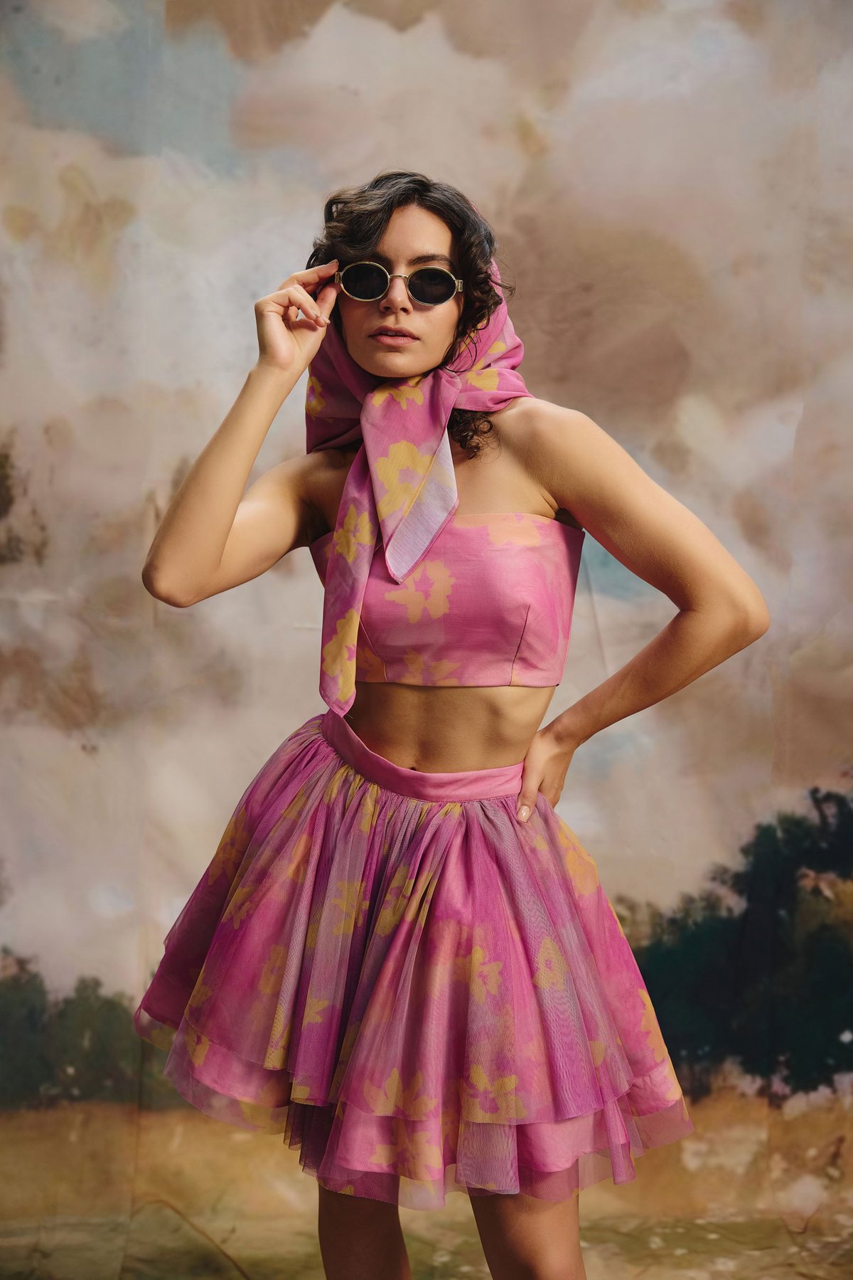Pink Yellow Floral Strapless Bandeau Bralette Crop Top