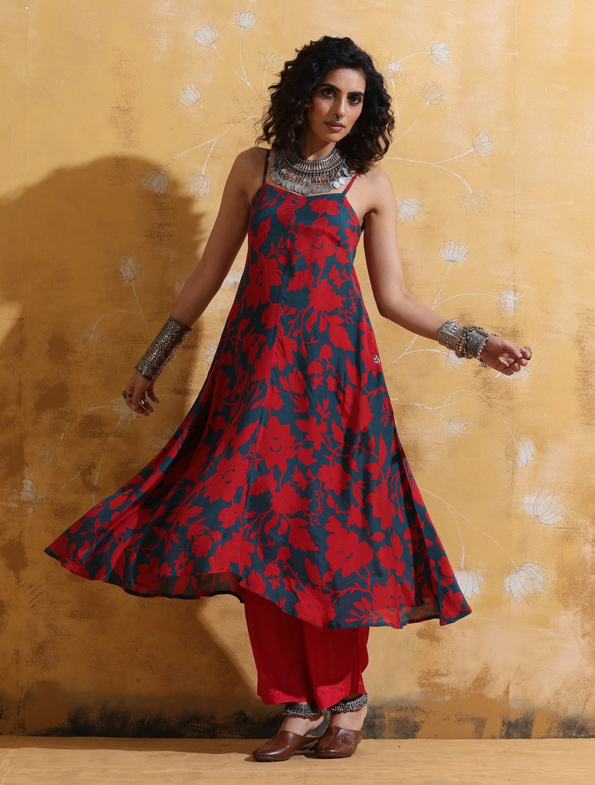 Red Teal Floral Jaal Print Flared Kurta Set