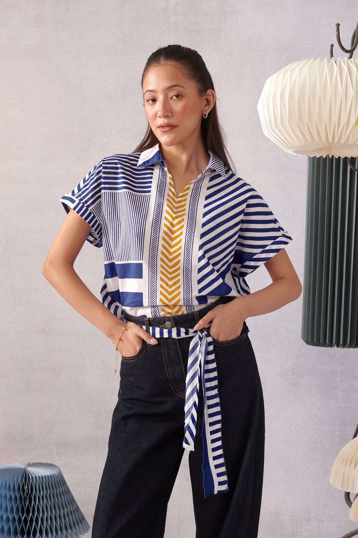 Blue and White Striped Boxy Cotton Top with Collar