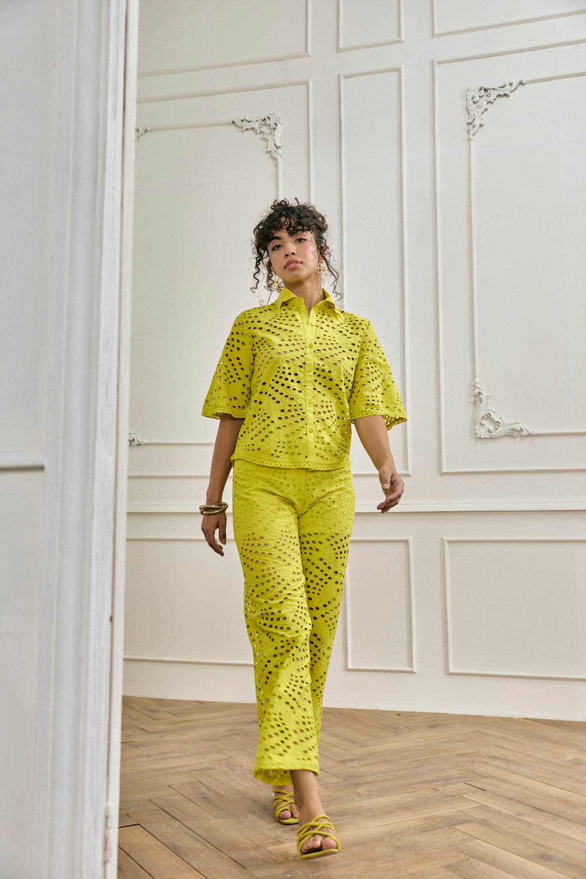 Lime Schiffli Cutwork Straight-Leg Trousers