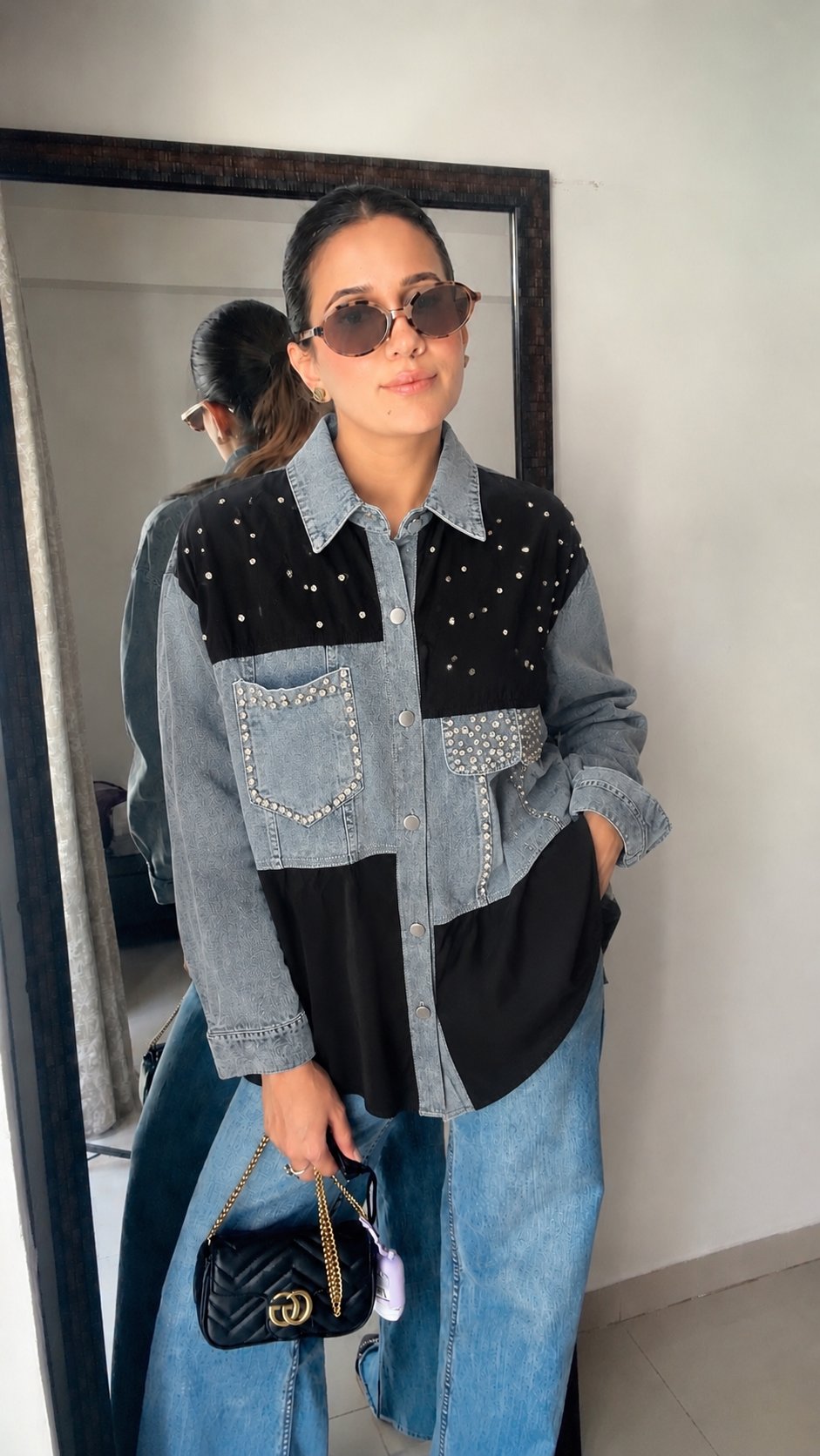 Studded Denim Contrast Statement Shirt