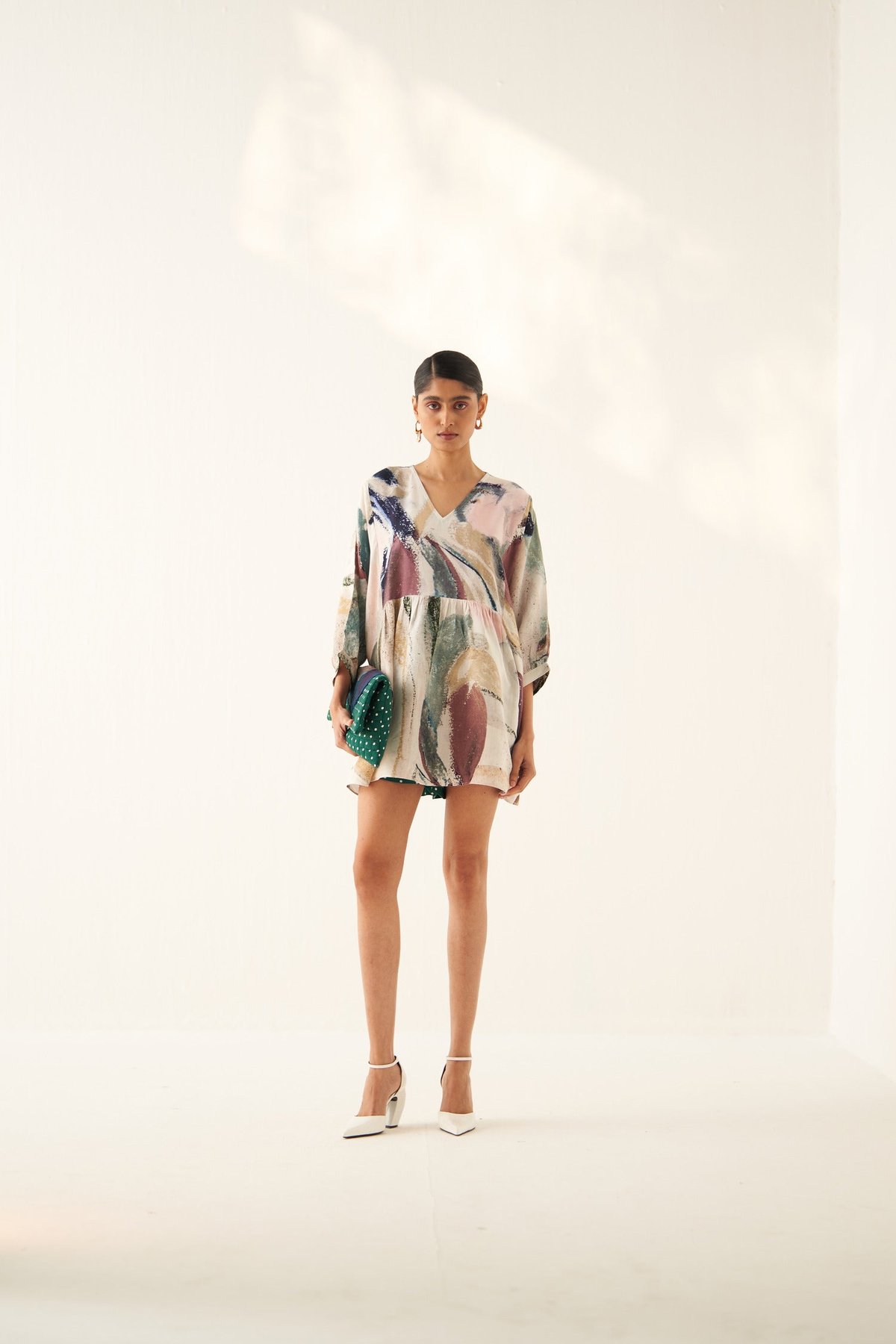 Abstract Printed V-Neck Tiered Tunic Top