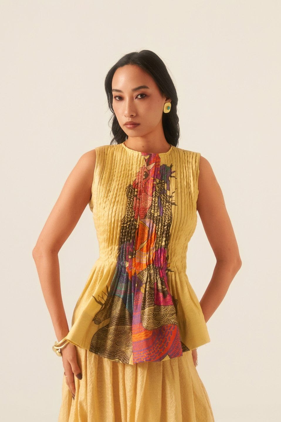 Mustard Chanderi Peplum Top with Front Print Panel