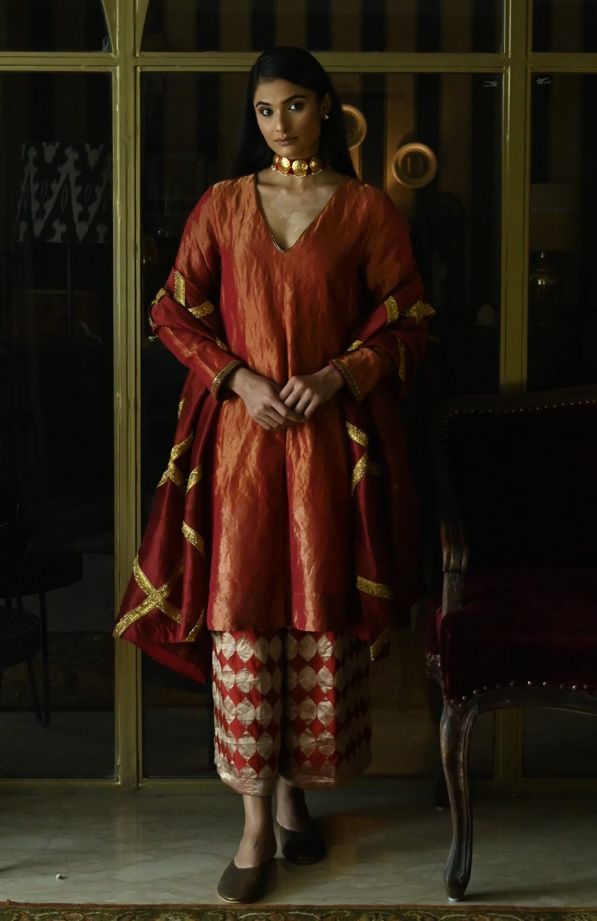 Zeenat Kurta Rust Red Tissue Red Brocade Pallazzo
