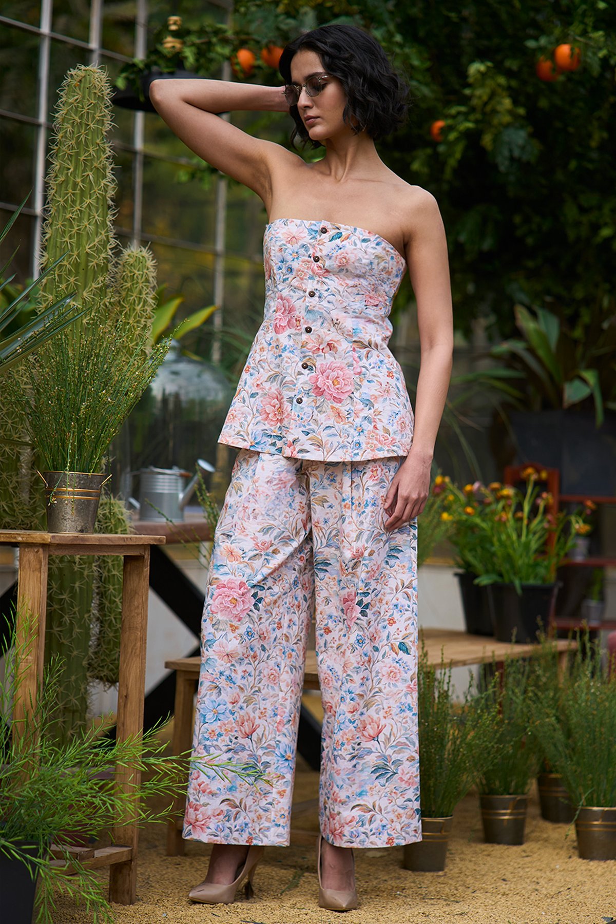 Off-Shoulder Floral Print Top & Wide-Legged Pant