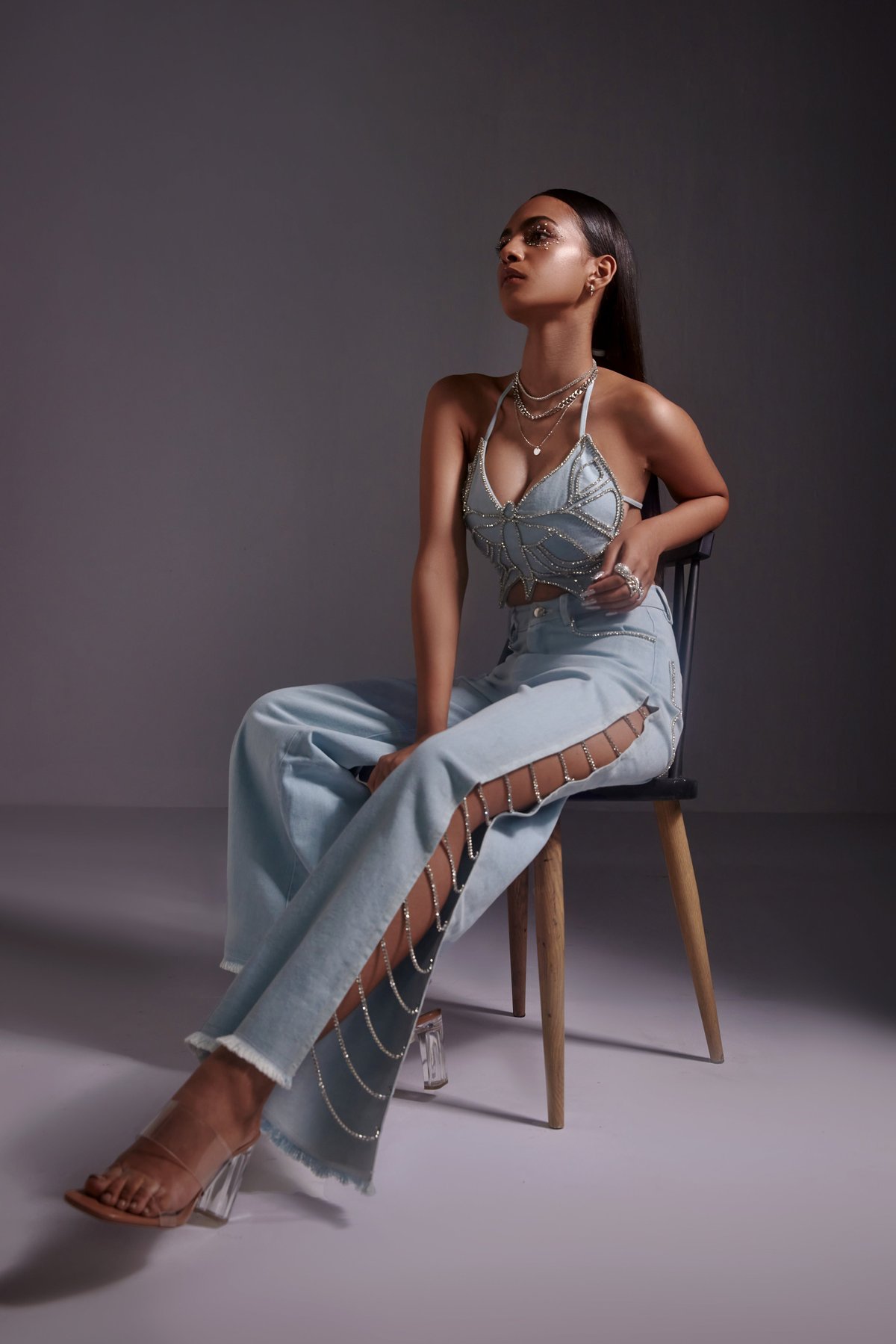 Blue Wide-Leg High-Waist Jeans with Rhinestone Side Slit