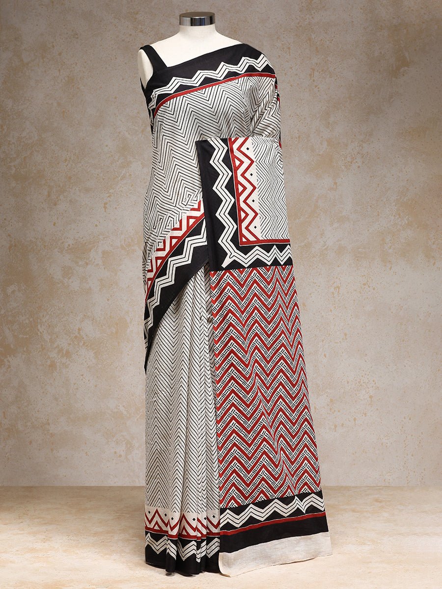White Black Handblock Printed Chevron Zigzag