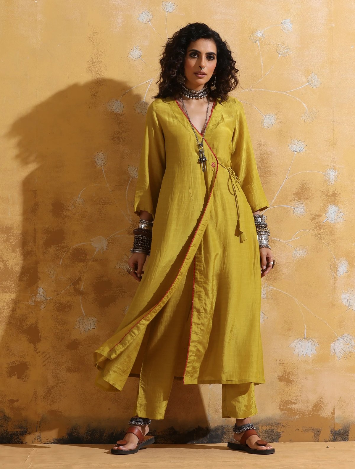 Lime Muslin Silk Angrakha Kurta and Pant Set