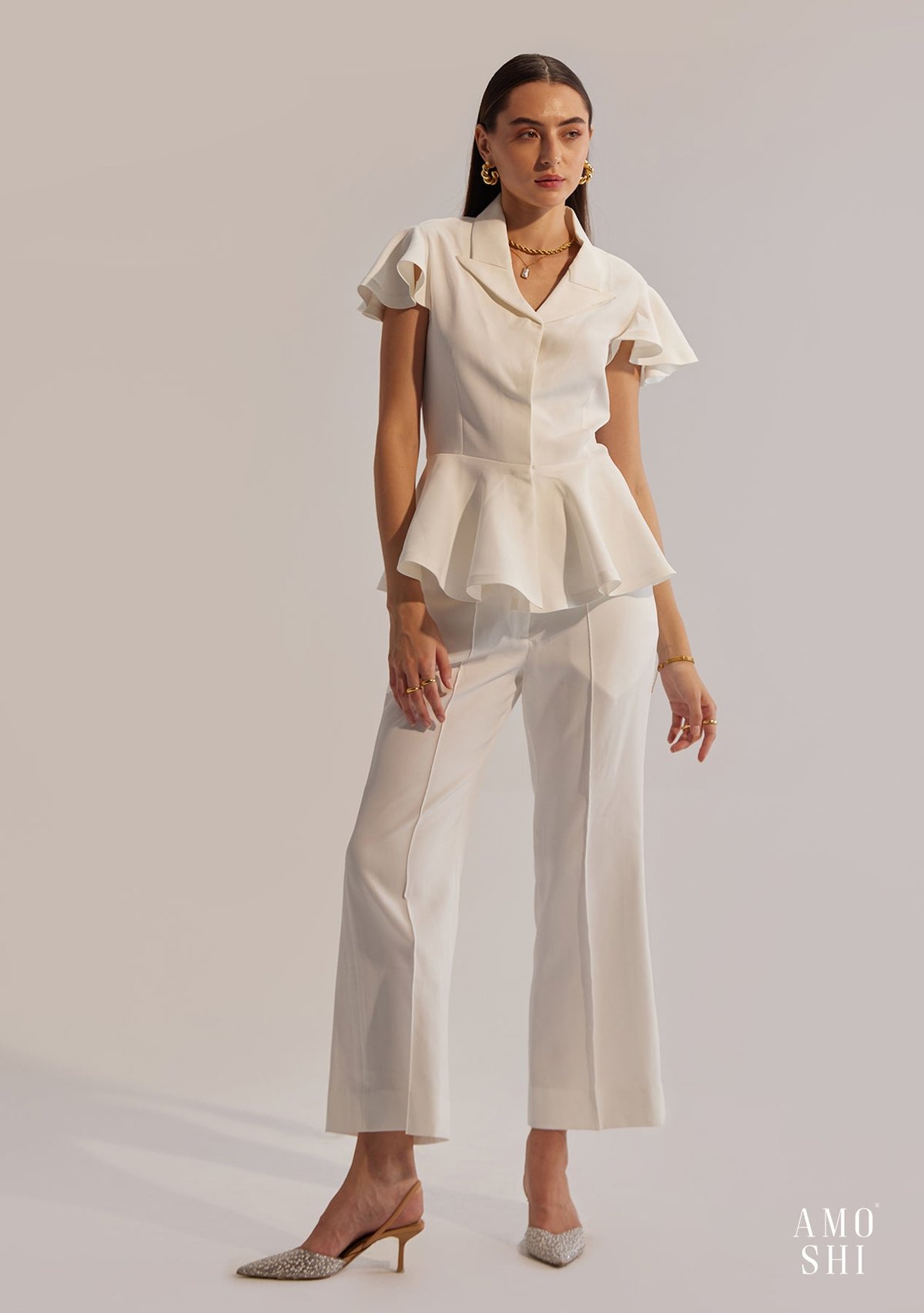 White Peplum Top and Flared Trousers Co-ord Set