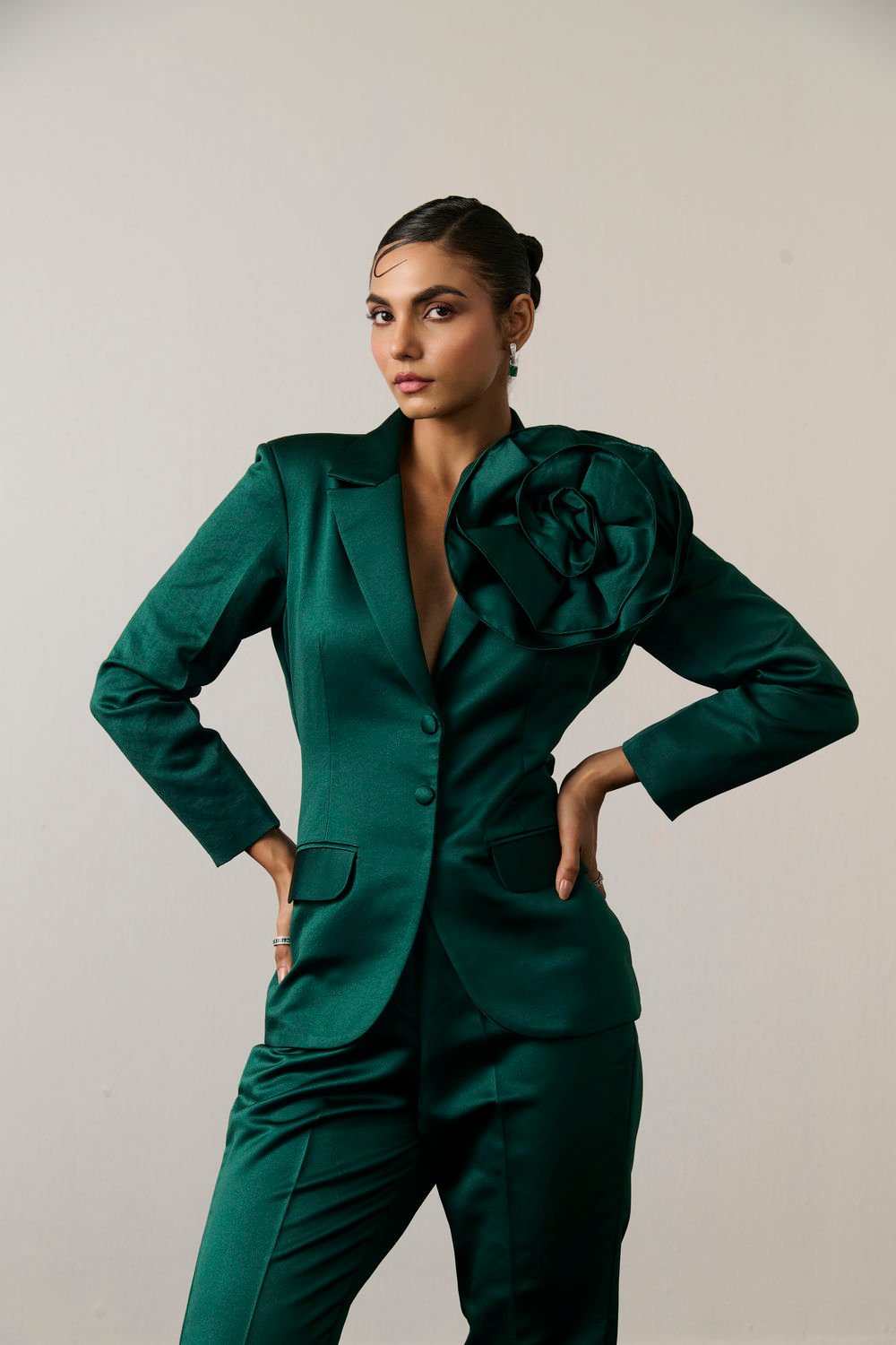 Emerald Satin Blazer and Trousers Co-ord Set
