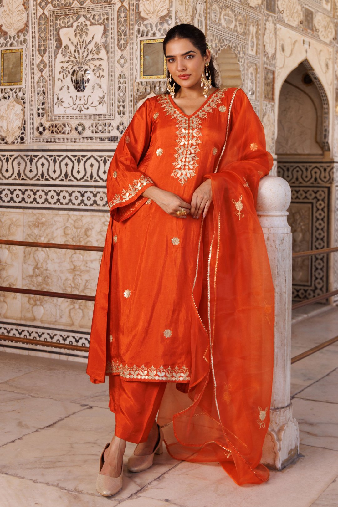 Rust Orange Silk Gota Patti Work Kurta Set