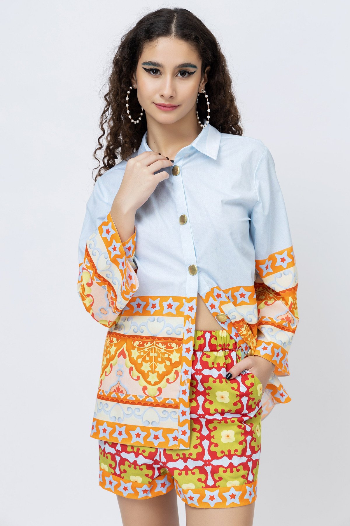 Powder Blue Printed Cotton Shirt with Border Print