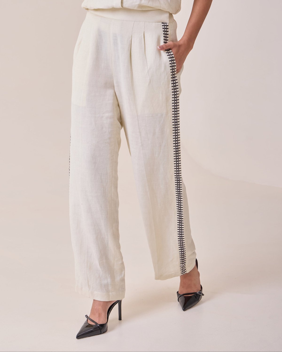 Beige Linen Blend Straight-Leg Trousers with Side Threadwork