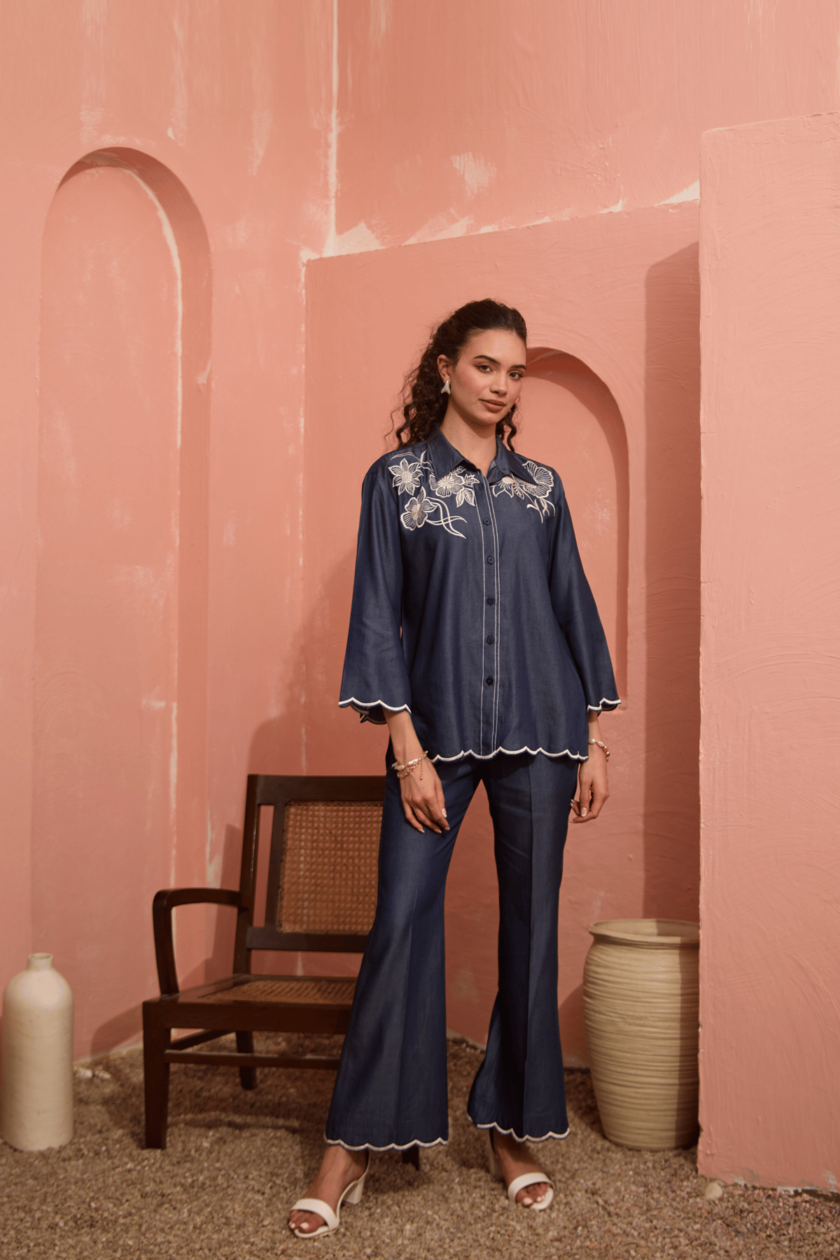 Blue Linen Embroidered Shirt and Flared Pants Co-ord Set