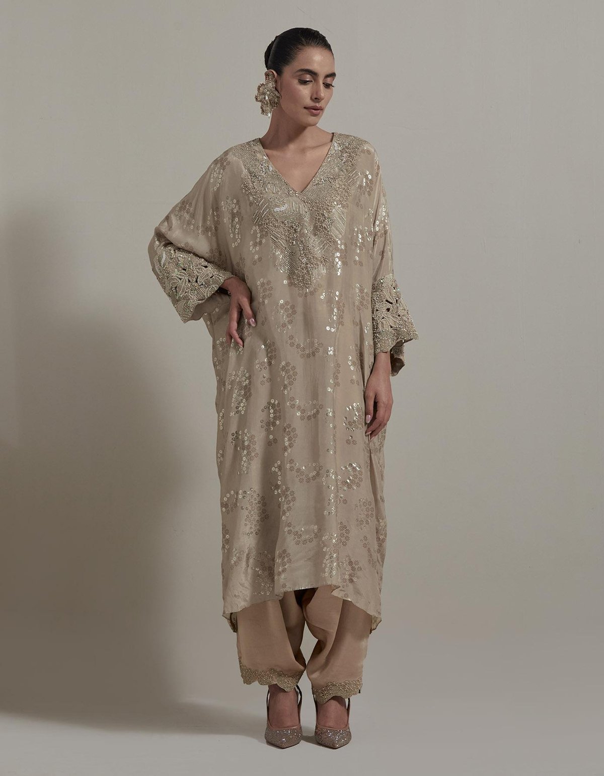 Beige Embroidered Kurta With Pants