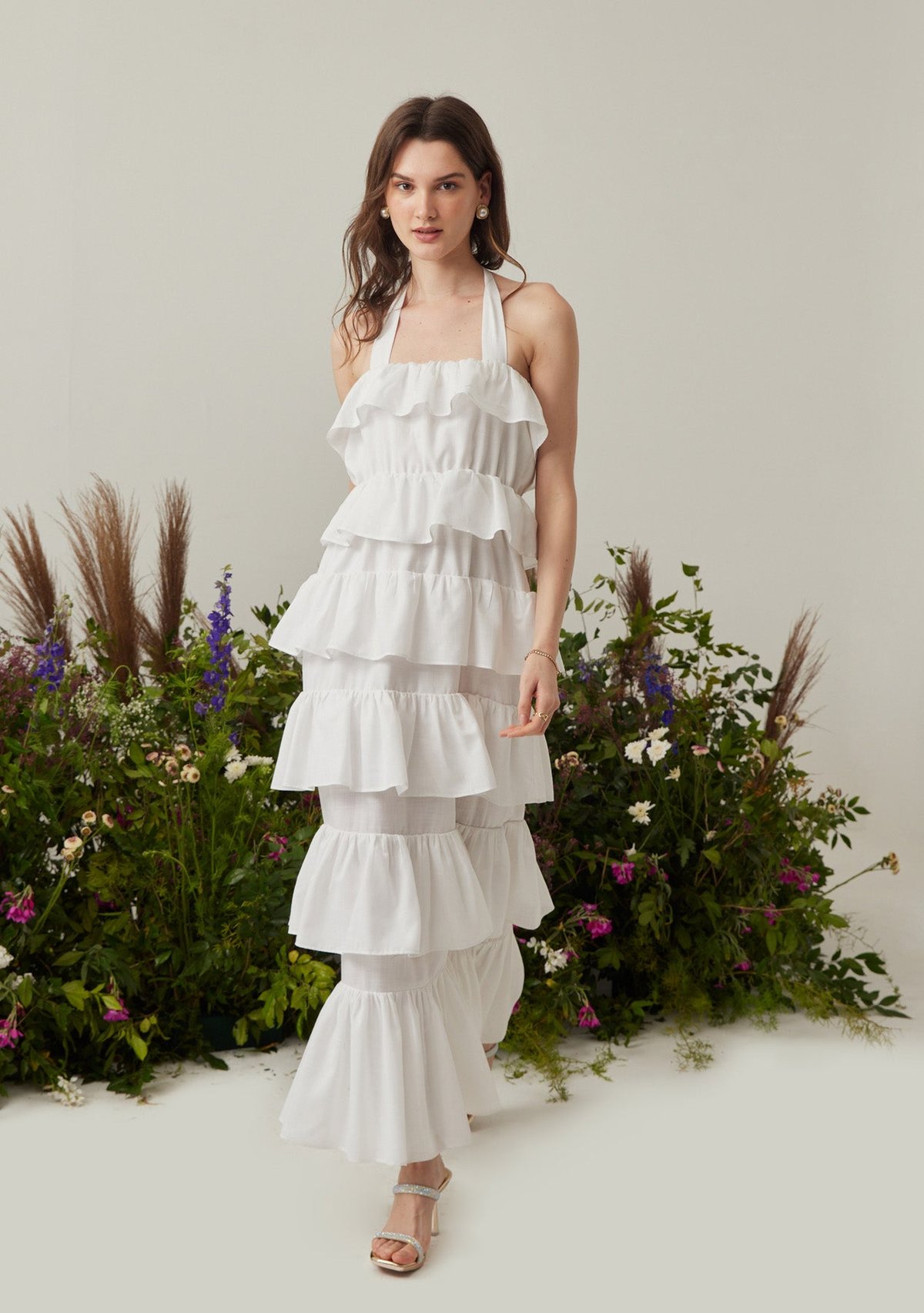 White Halter Neck Tiered Ruffle Maxi Dress
