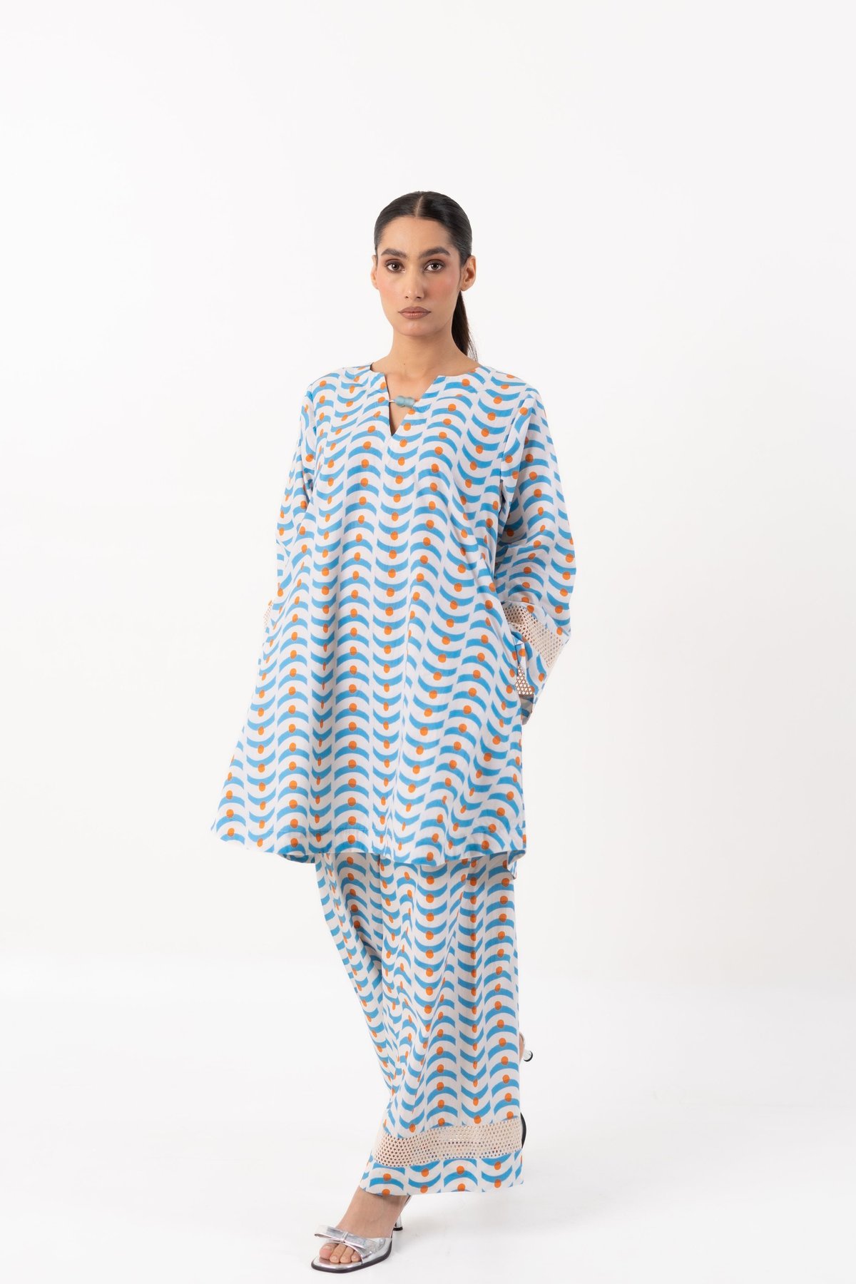 White and Sky Blue Printed Tunic and Pants Co-ord Set