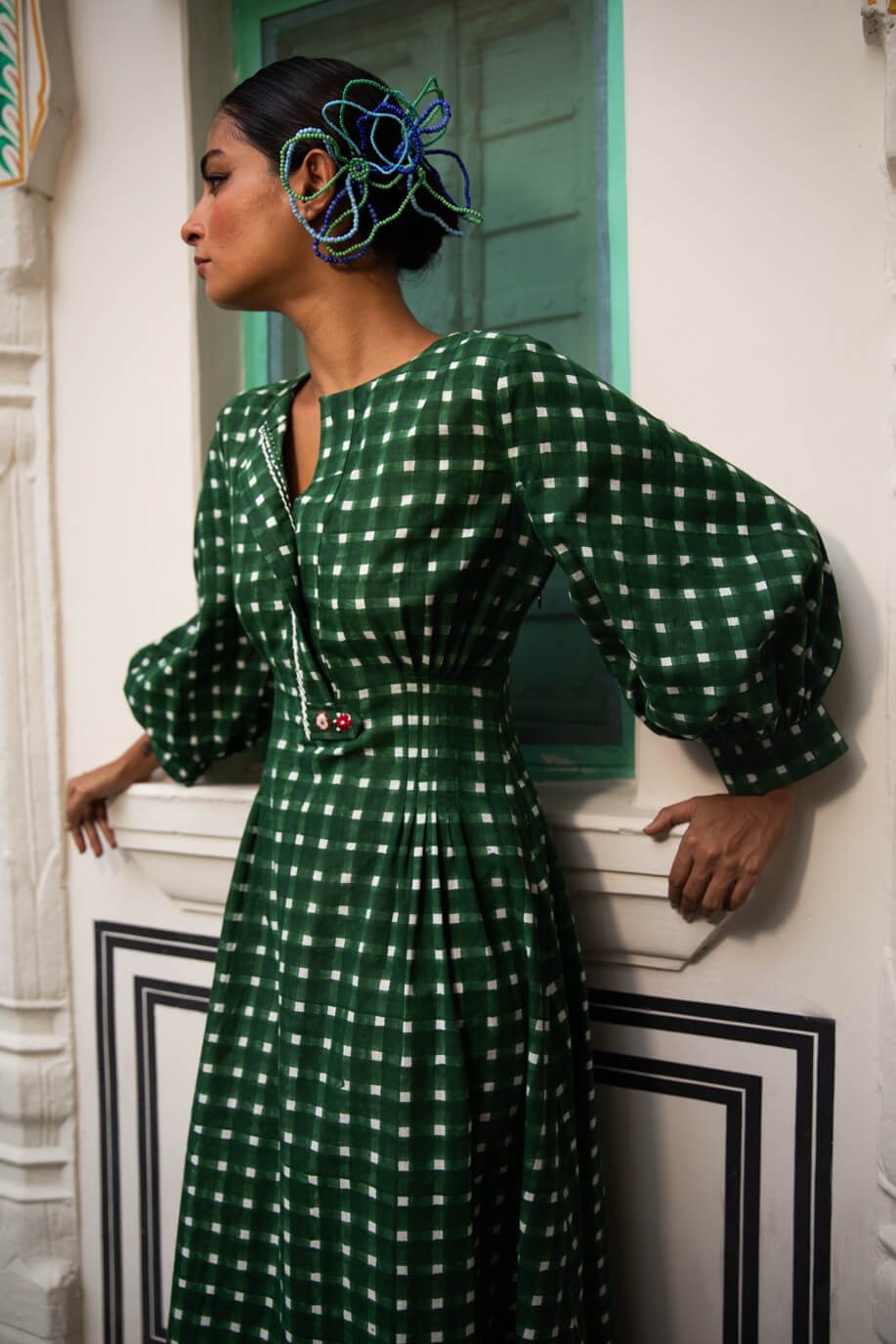 Green Checked Fit and Flare Midi Dress