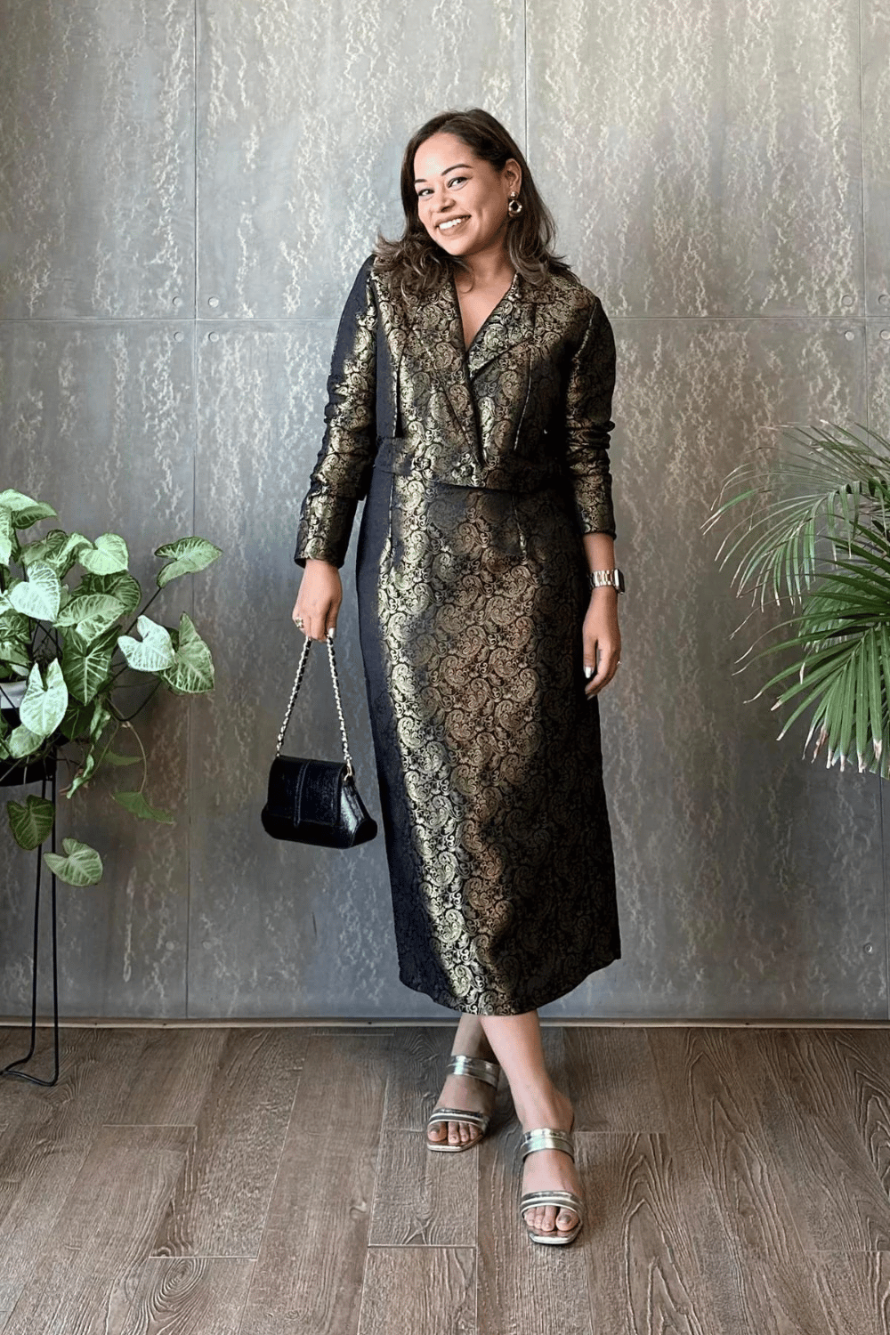 Black and Gold Brocade Jacket and Pencil Skirt Co-ord Set