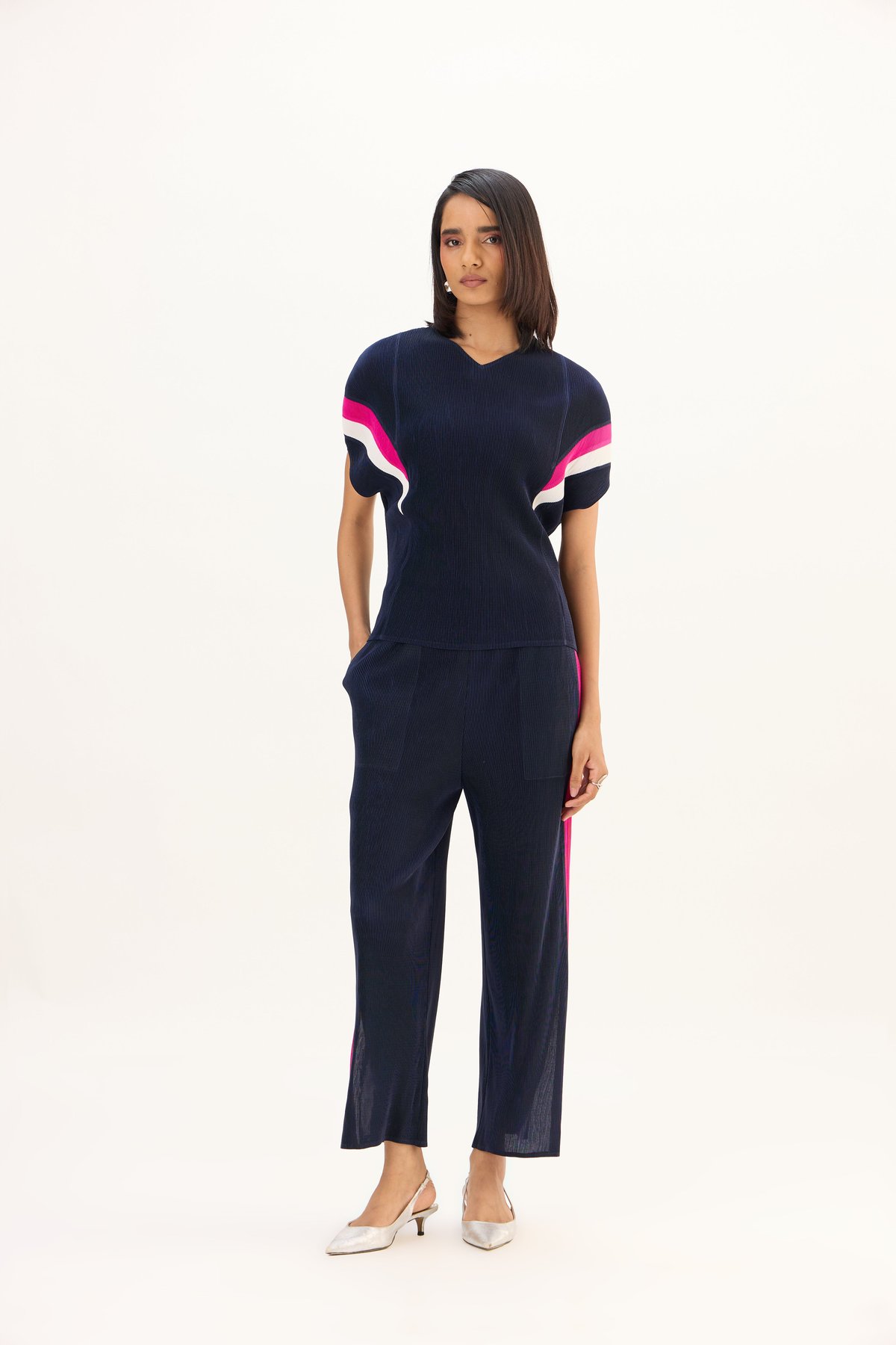 Navy Pleated Lounge Co-ord Set with Contrast Stripes