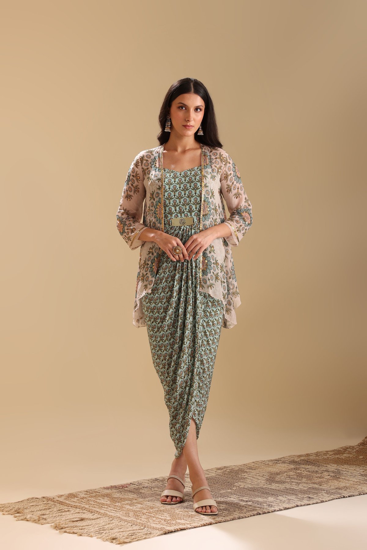 Beige Cape Overlay Printed Asymmetrical Midi Dress Set