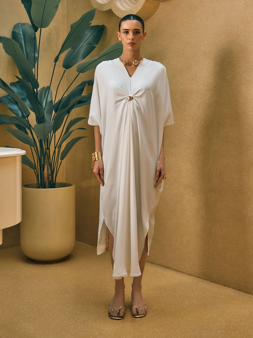 White Satin Draped Kaftan Dress with Gold Embellishment
