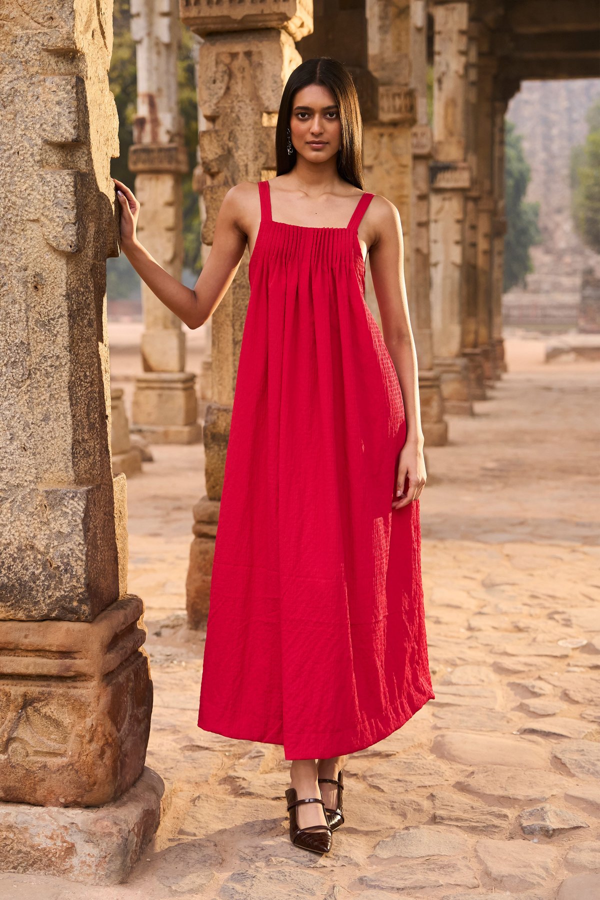 Red Textured A-Line Midi Dress with Open Back Tie