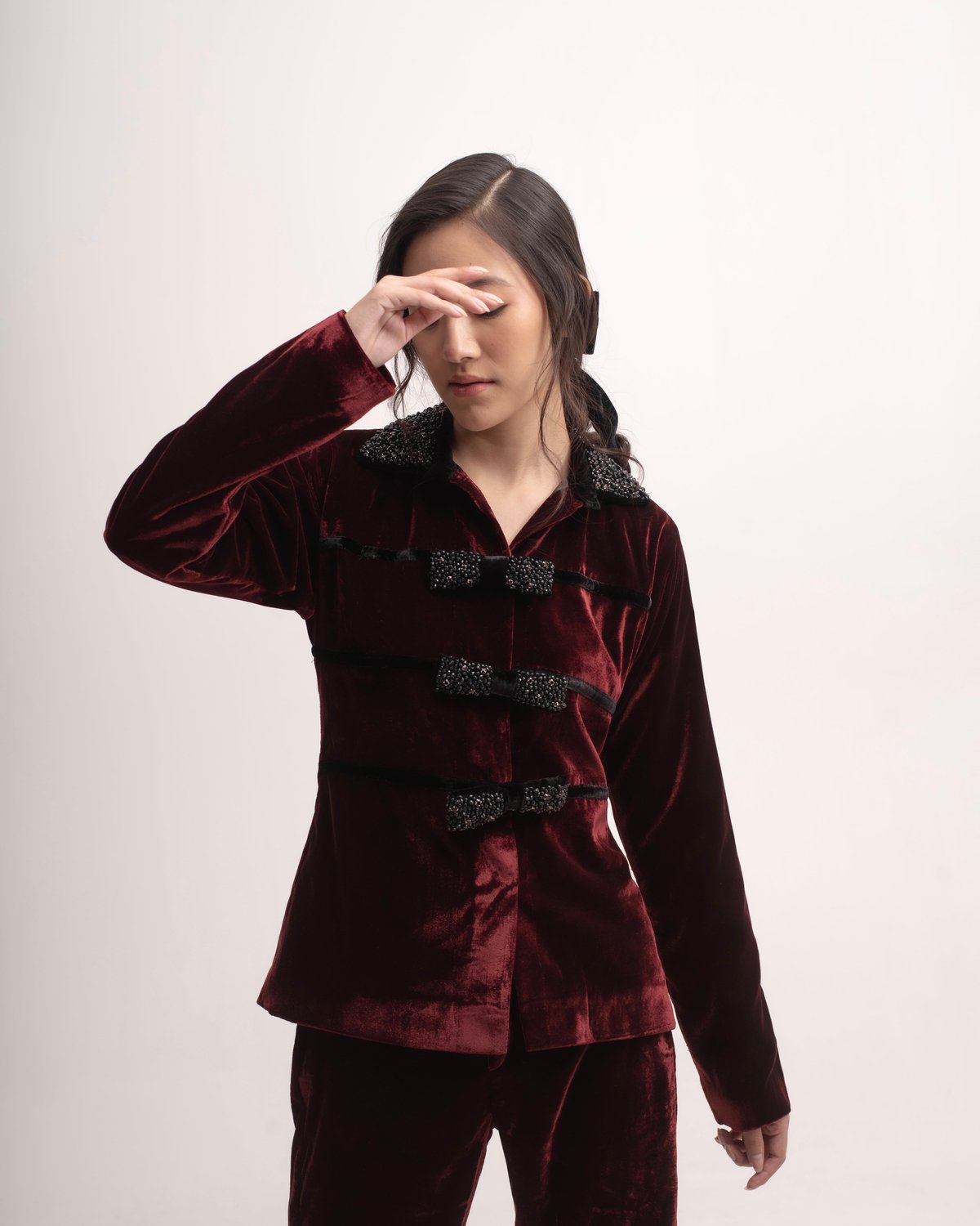 Maroon Silk Velvet Collared Jacket with Embellished Bows