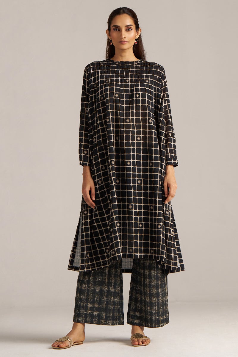 Black Check Kurta and Wide-Leg Pant Co-ord Set