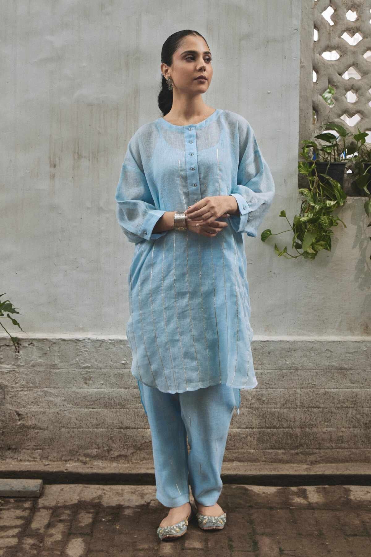 Blue Linen Kurta Set with Gota Detail and High-Low Hem